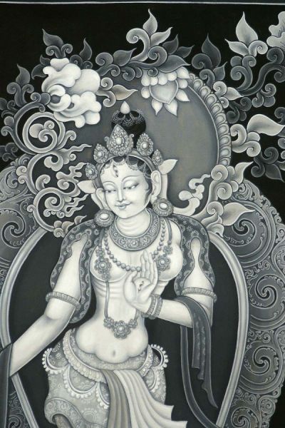 Dancing White Tara Newari Grayscale Thangka, <span Style=