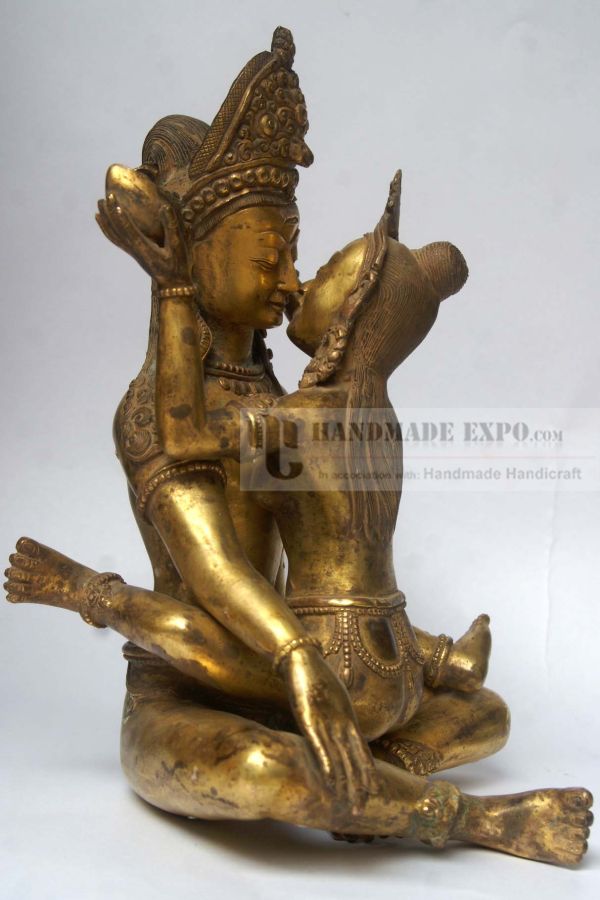 Statue Of Indra With Consort, shakti, Yab-yum, full Gold Plated, antique Finishing