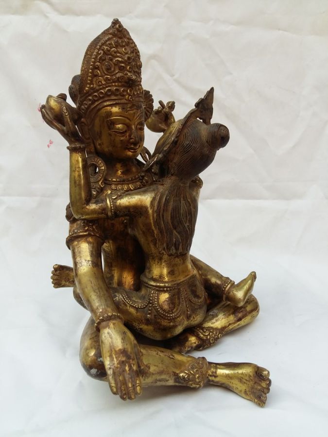Statue Of Indra With Consort, shakti, Yab-yum With Full Gold Plating Antique Finishing