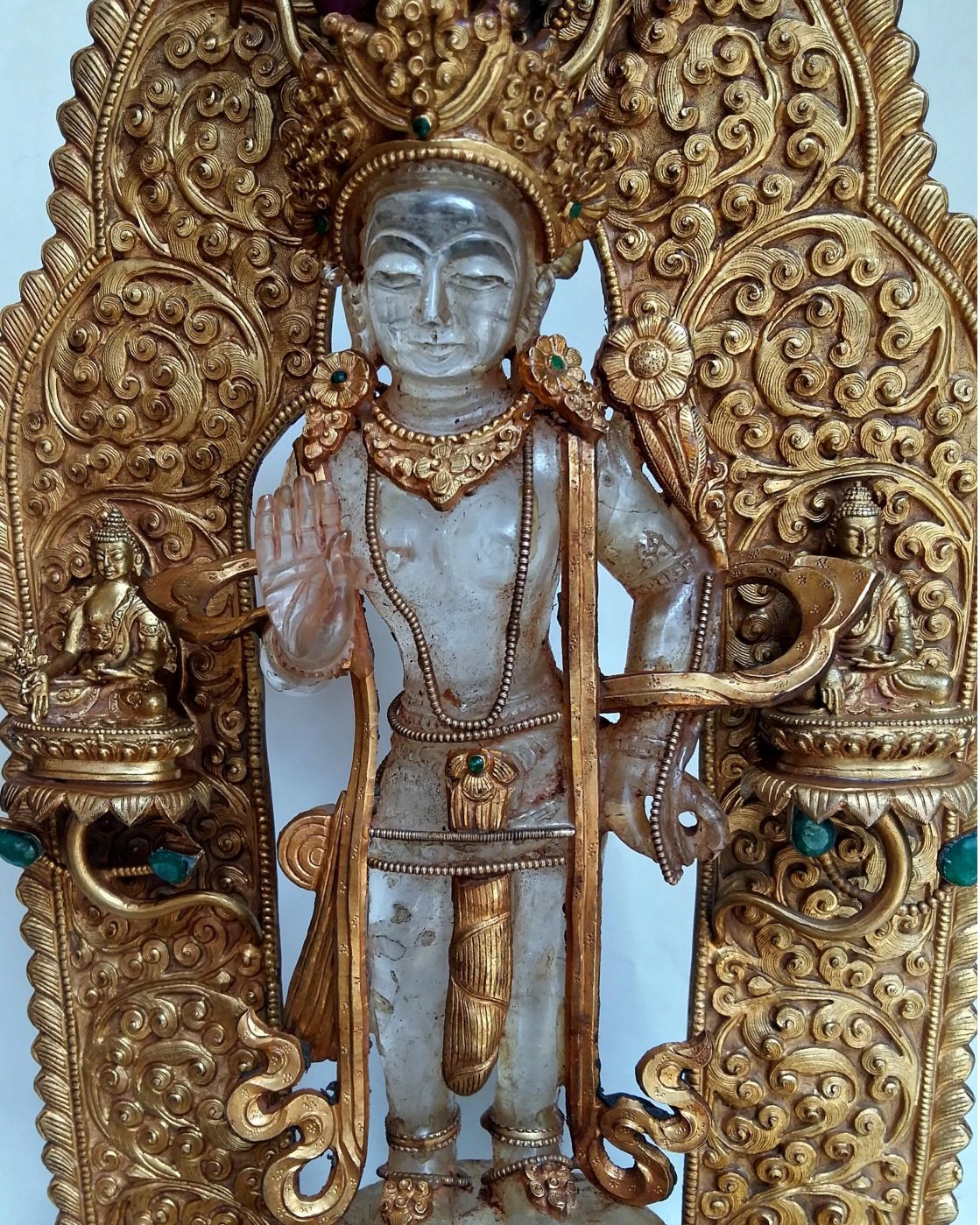Crystal Padmapani Lokeshvara with Gold Plated, Metal Background And Base
