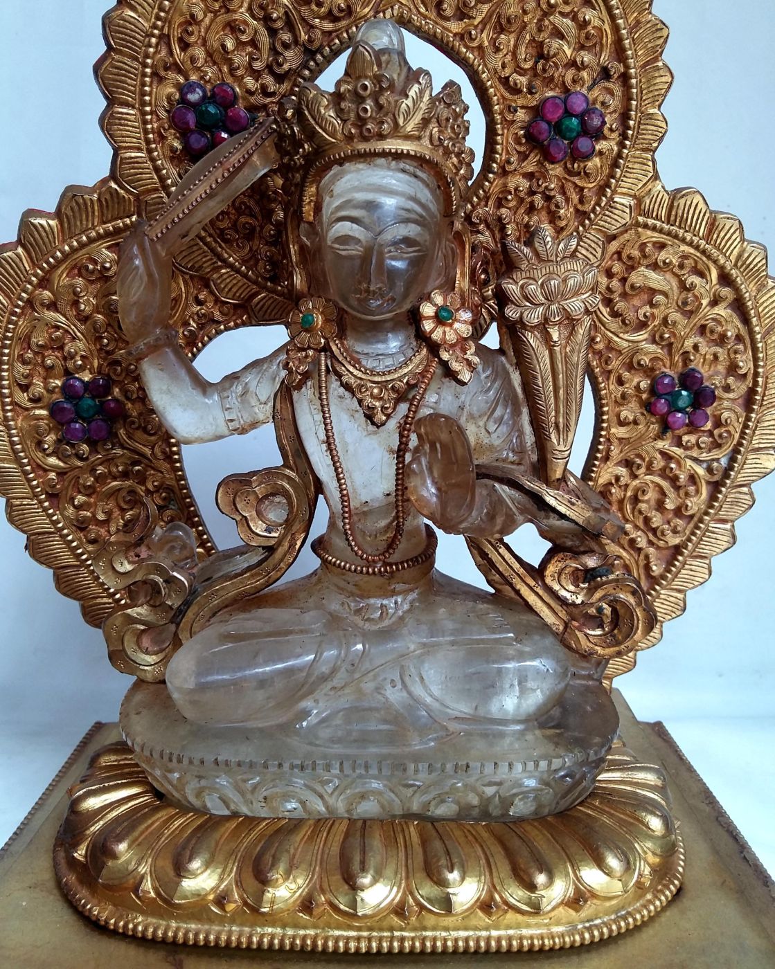 Crystal Manjushri with Gold Plated, Metal Background And Base