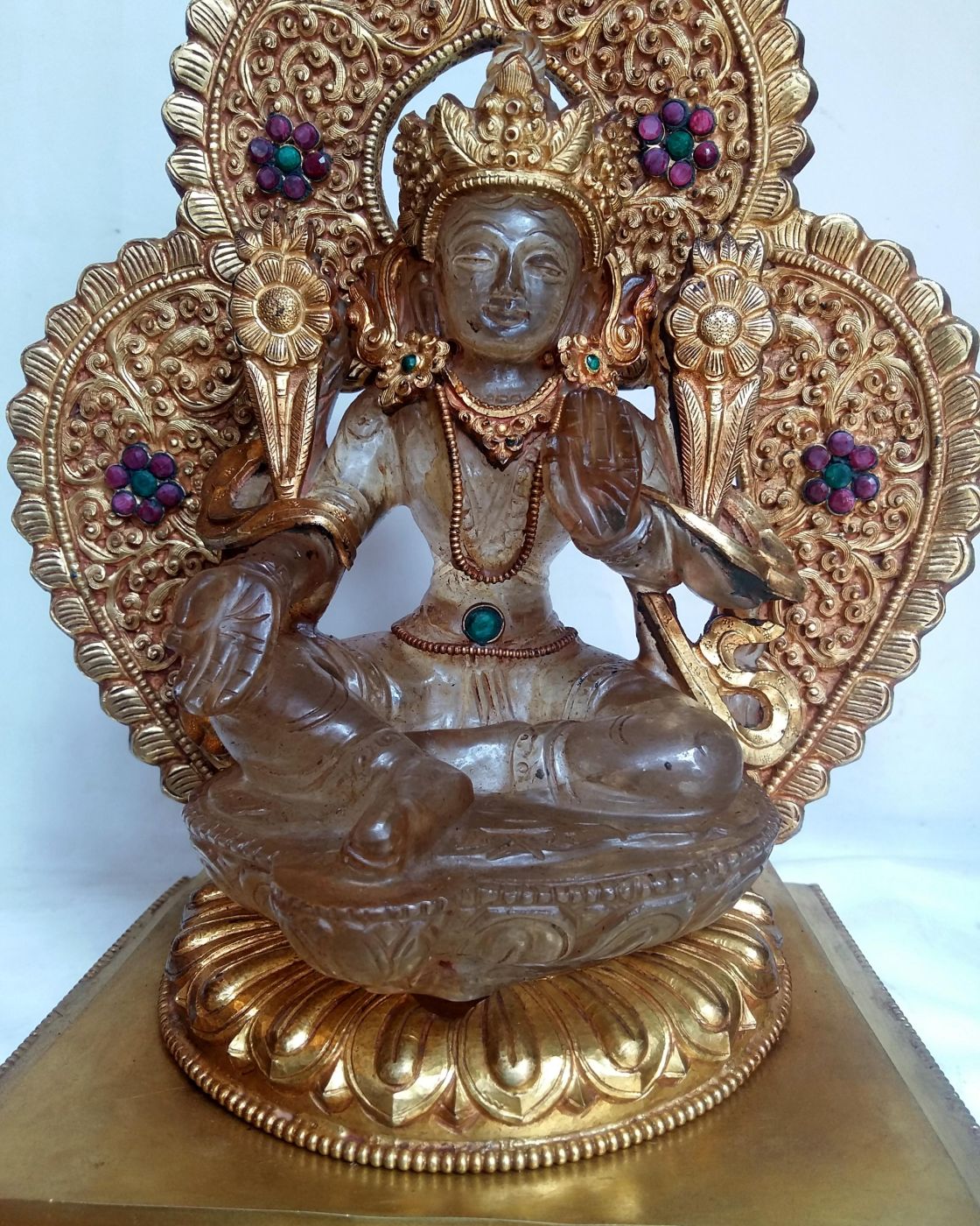 Crystal Green Tara With fire Gold Plated, Metal Background And Base