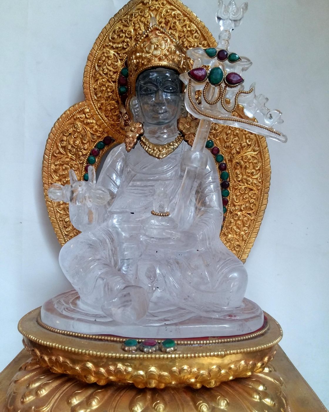 Crystal Padmasambhava With fire Gold Plated, Metal Background And Base
