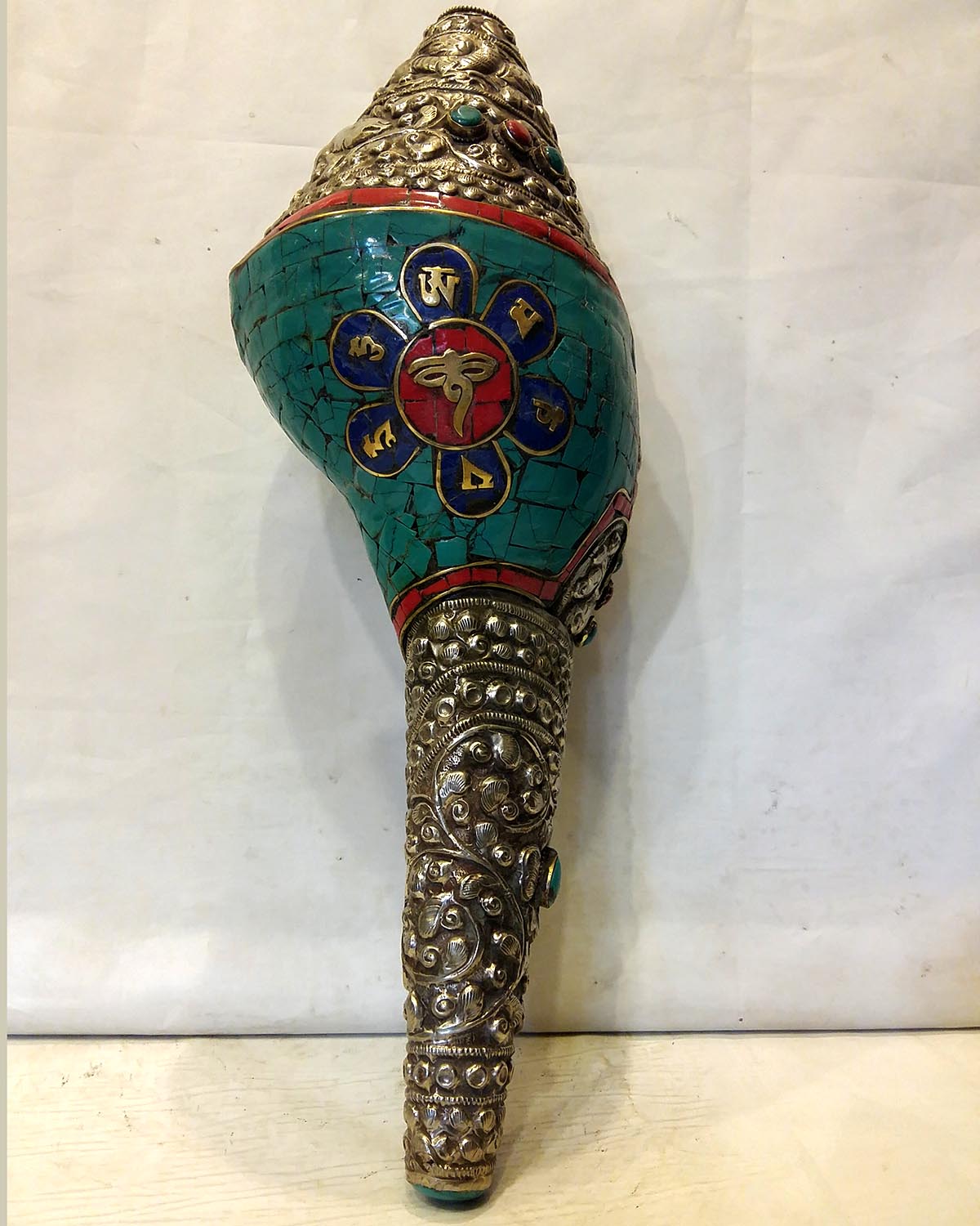 Tibetan Conch Shell With Metal And Stone Setting
