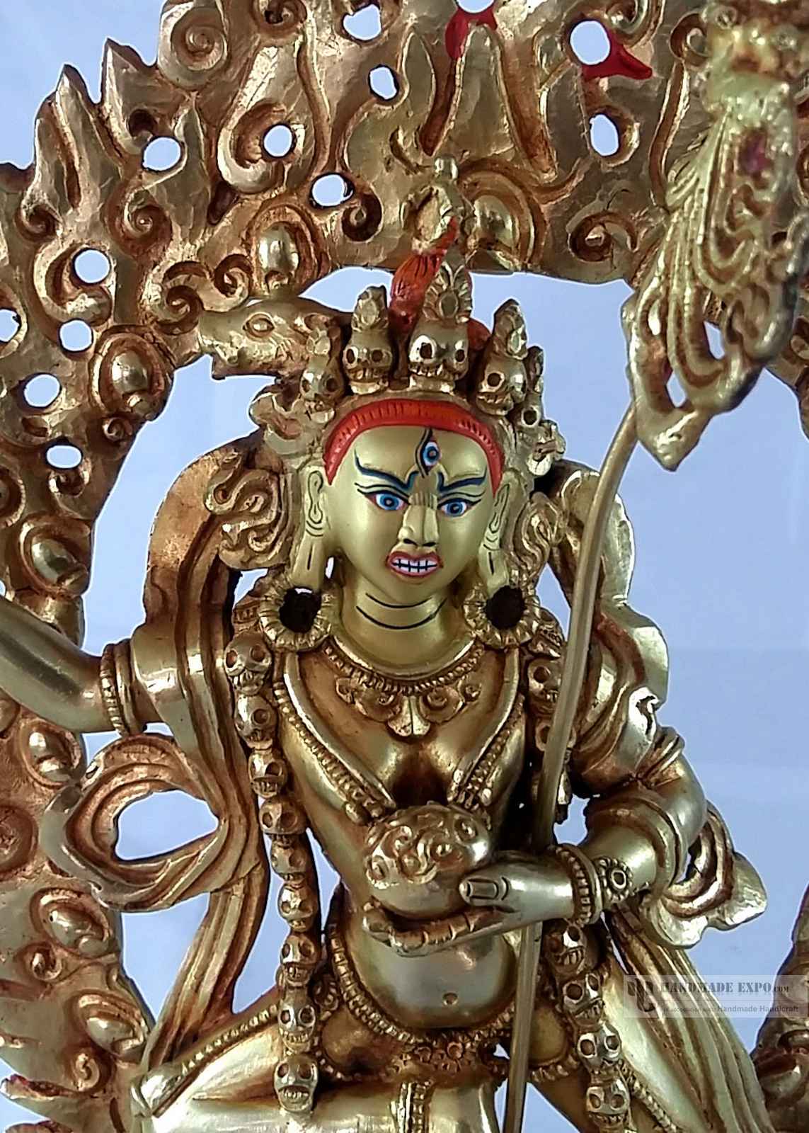 Statue Of Vajravarahi - Dorje Phagmo Yogini - full Fire Gold Plated, With painted Face