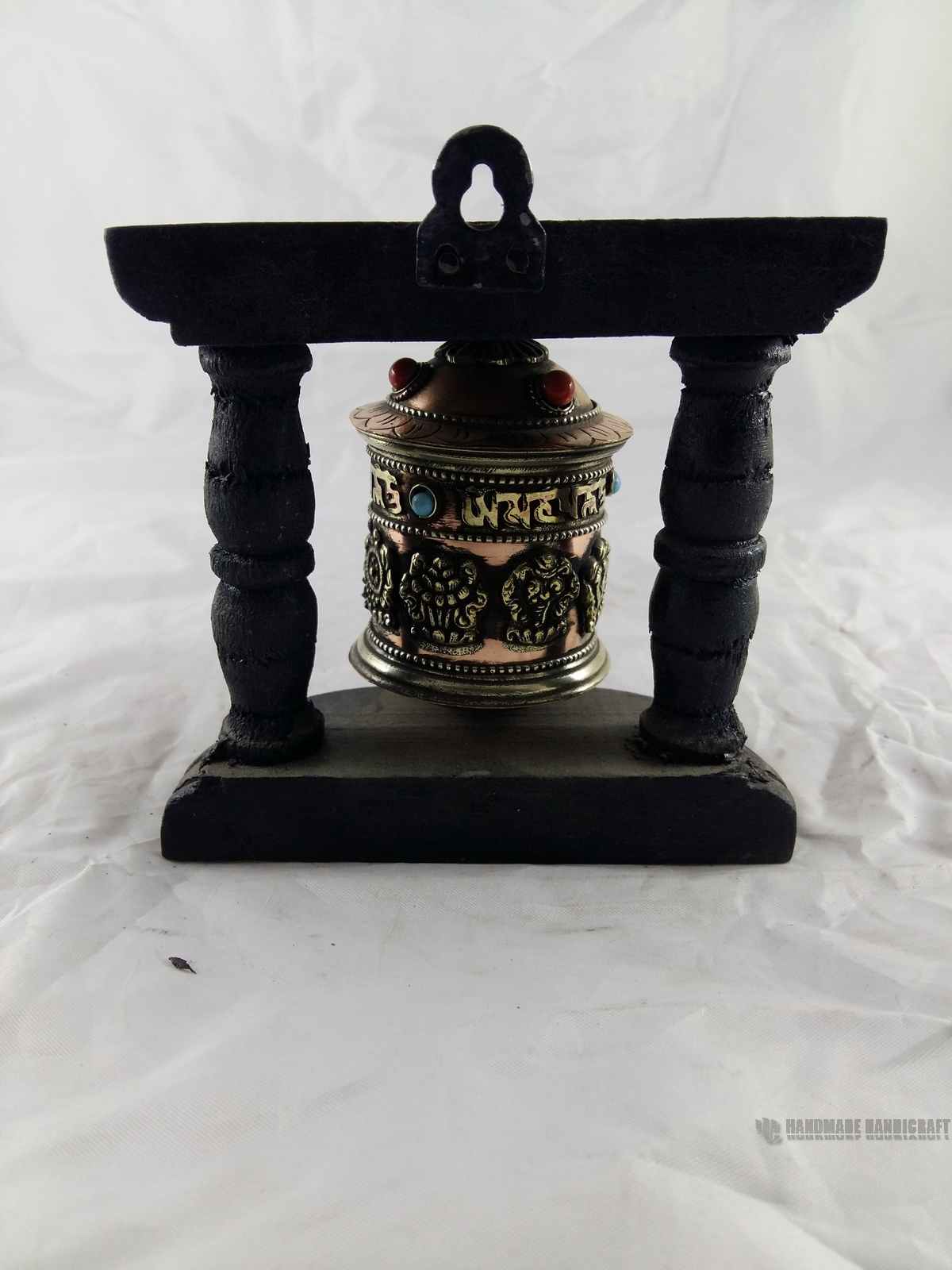 Brass Prayer Wheel On Wooden Frame - Ashtamangala Small, Wall Mountable