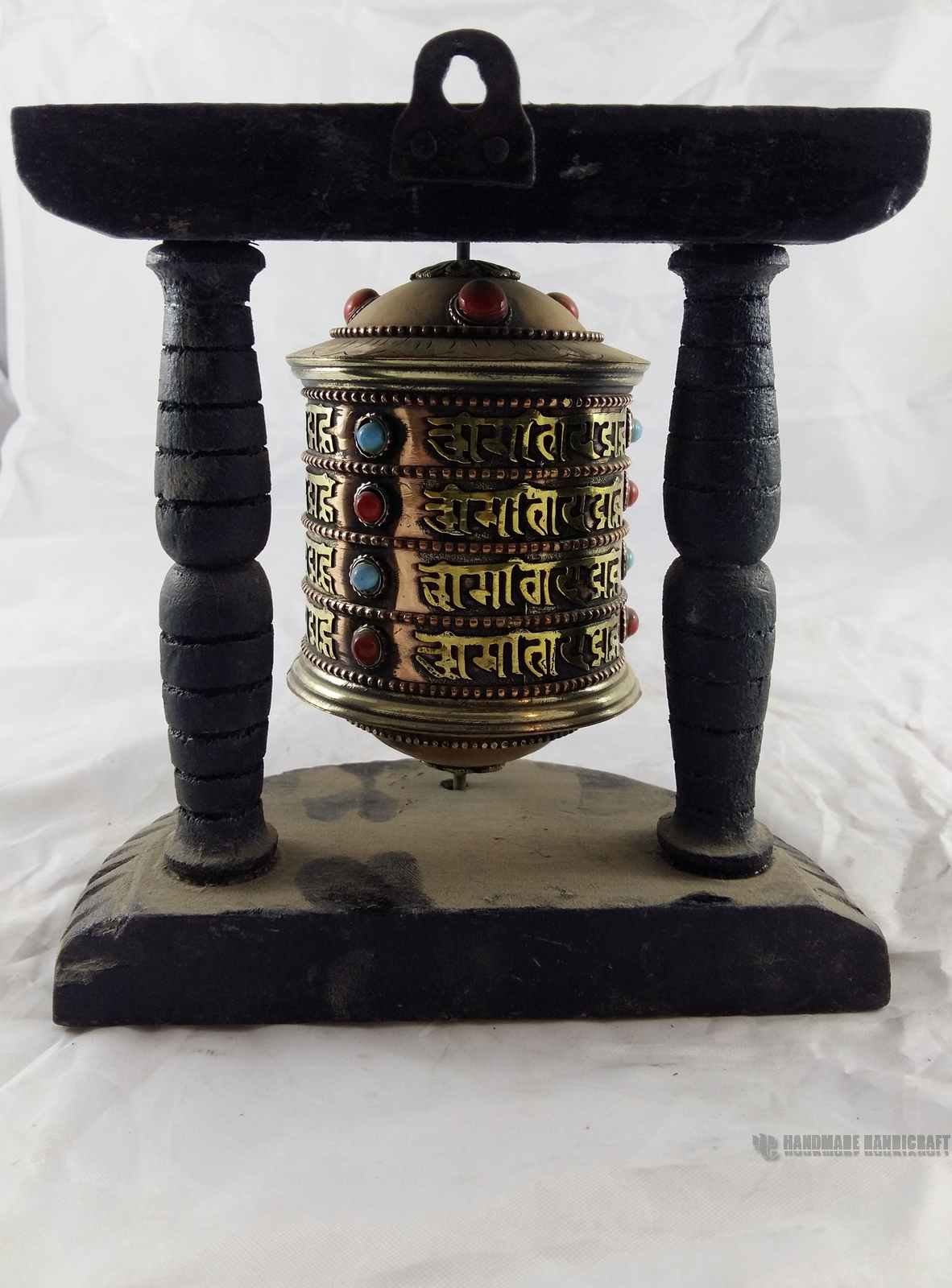 Brass Prayer Wheel On Wooden Frame- Mantra, Wall Mountable