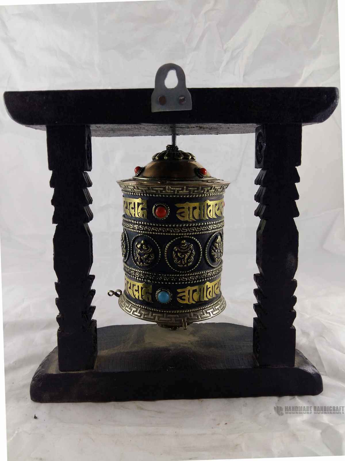 Brass Prayer Wheel On Wooden Frame - Ashtamangala, Wall Mountable