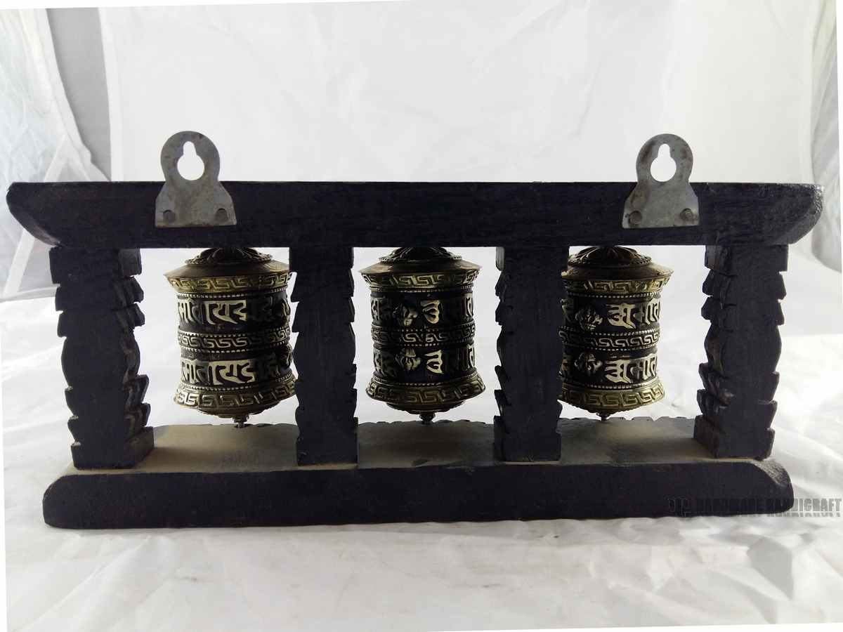 Three Prayer Wheel Set On Wooden Frame - Small, Wall Mountable