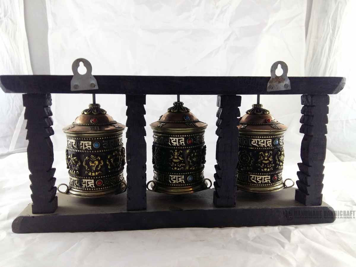 Three Prayer Wheel Set On Wooden Frame, Wall Mountable