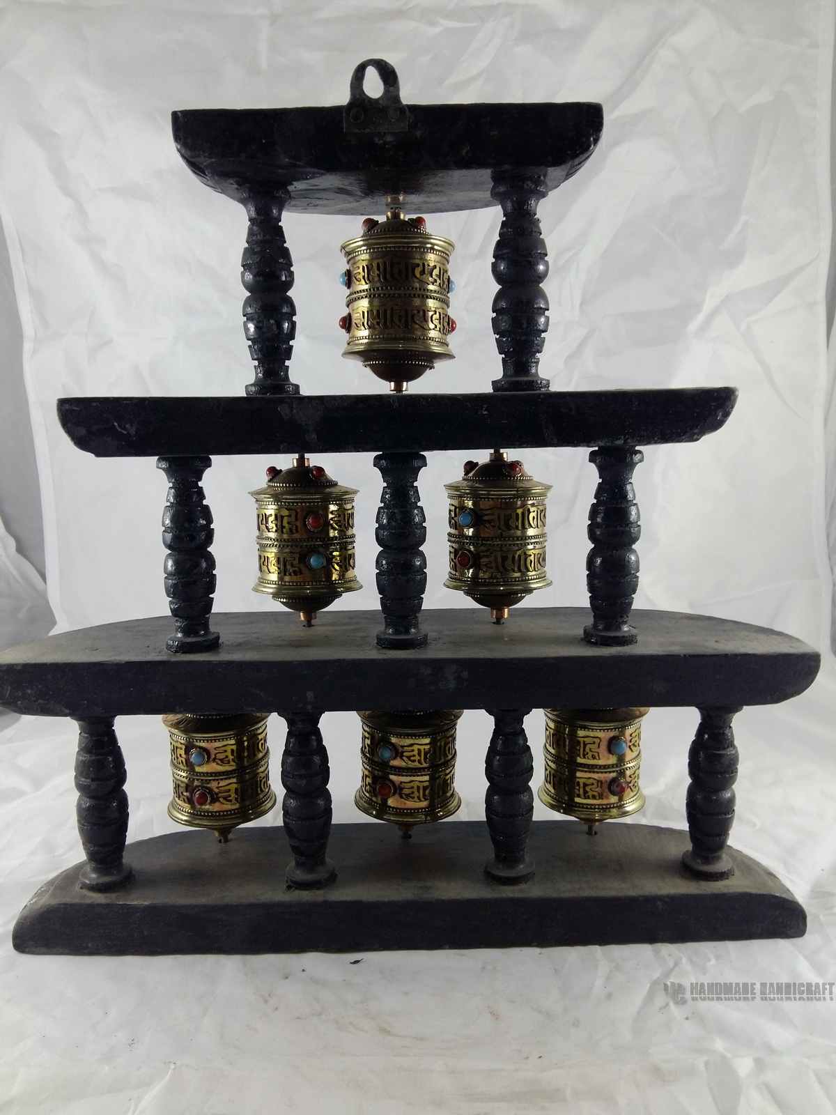 3 Layery 6 Prayer Wheel On Wooden Frame, Wall Mountable