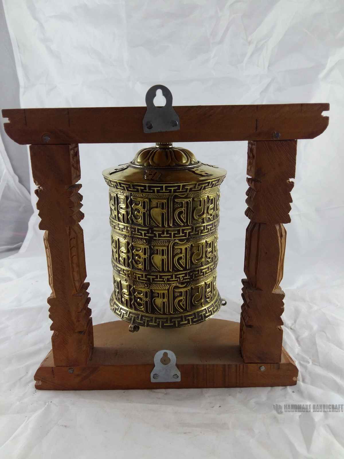 Brass Prayer Wheel On Wooden Frame - Small Size, Wall Mountable