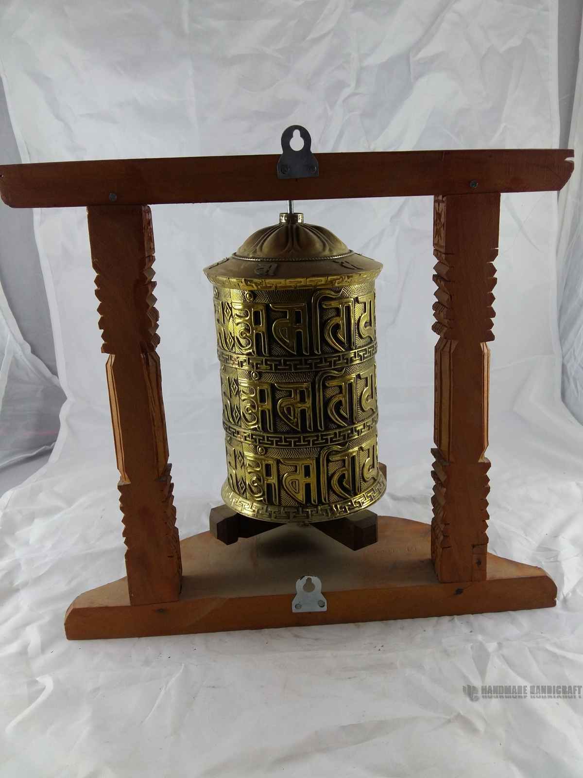 Brass Prayer Wheel On Wooden Frame, Wall Mountable