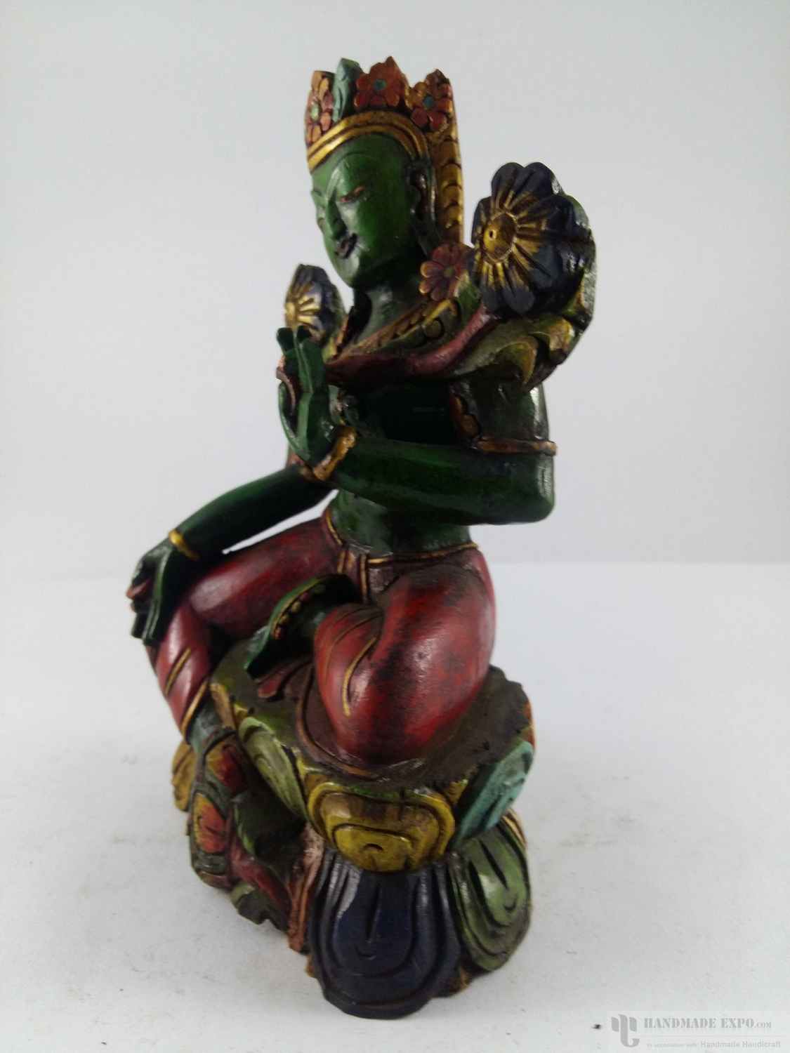 Wooden Green Tara Statue- Painted, Haldu Wood