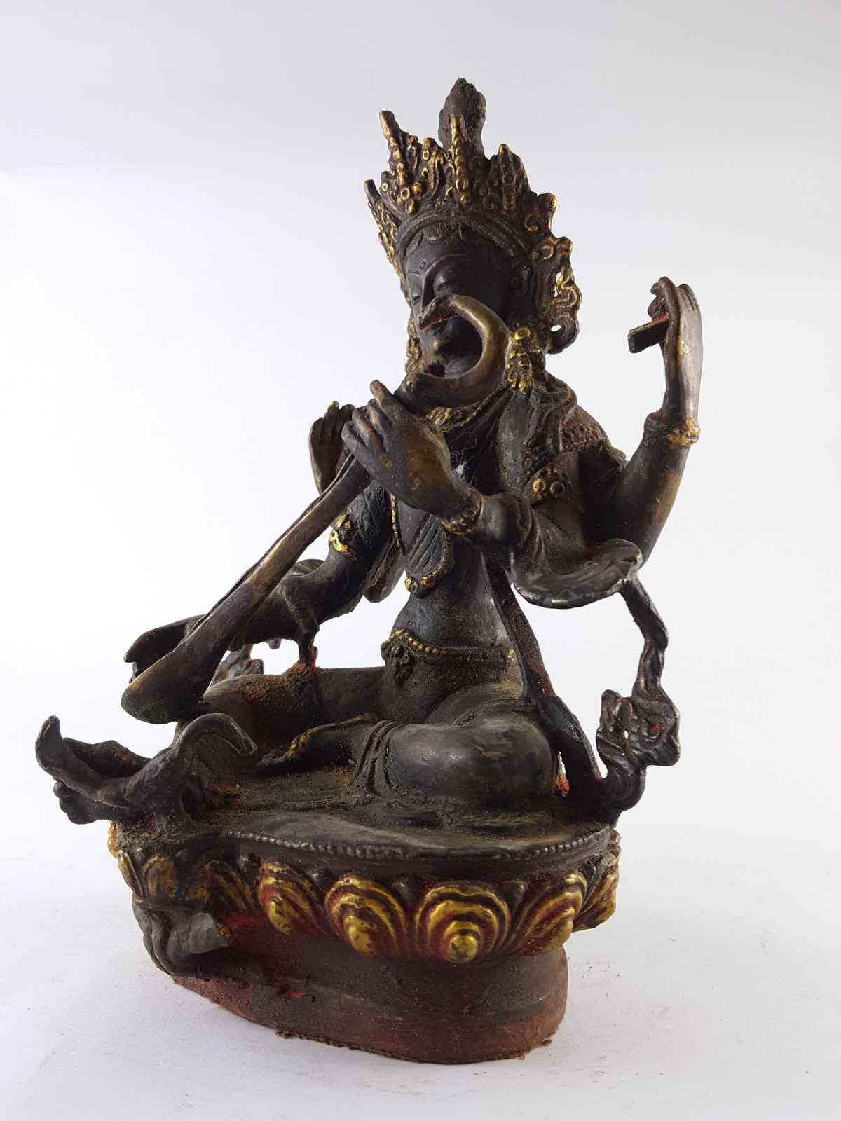 Saraswati Statue - copper, gold Painted, antique Finishing