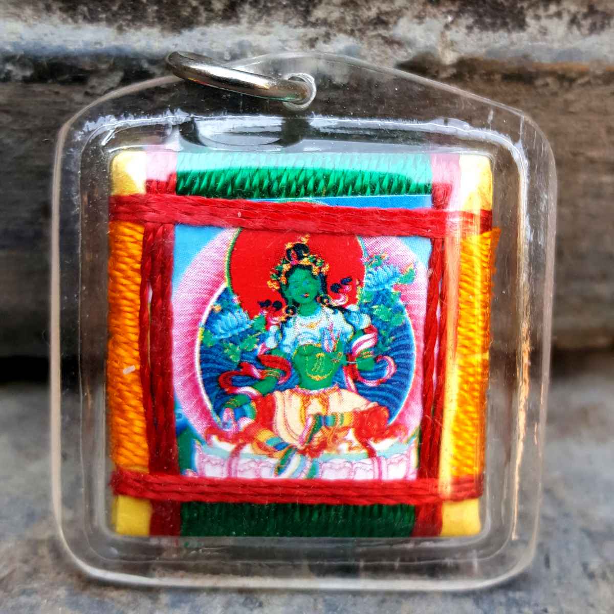 Green Tara - Small Tibetan Mantra Amulet With Hard Plastic Coat