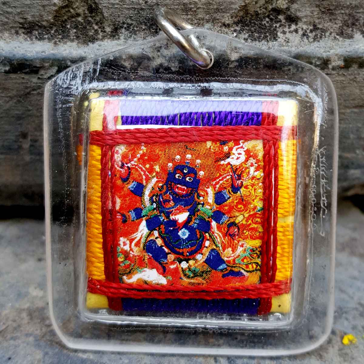 Black Mahakala - Small Tibetan Mantra Amulet With Hard Plastic Coat