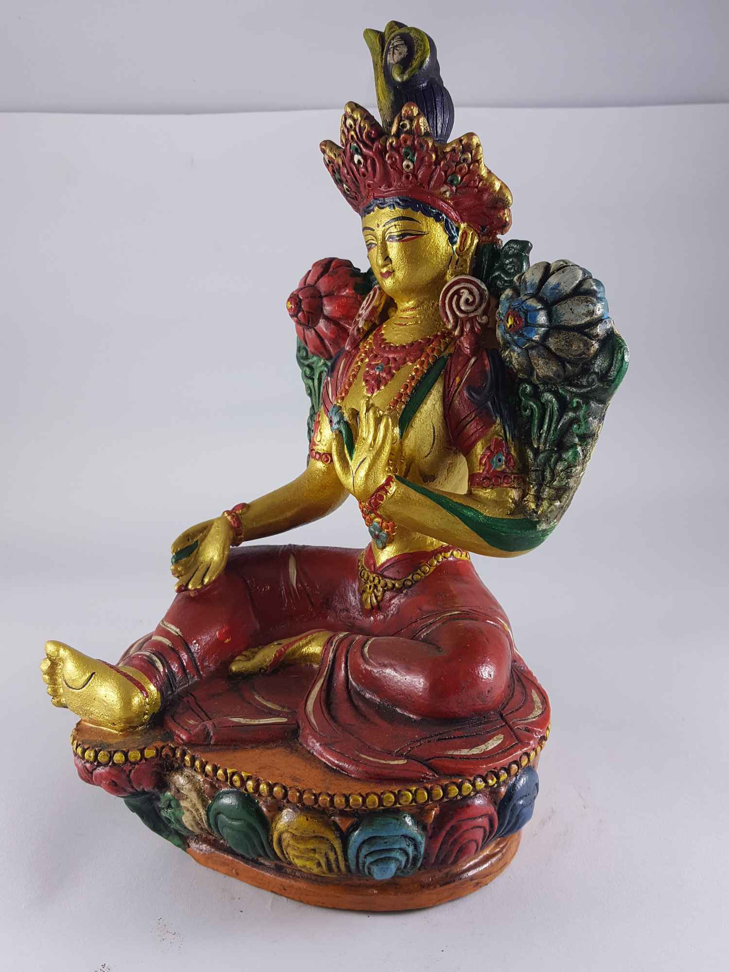 Clay Statue Of Green Tara made In Nepal, handmade, painted