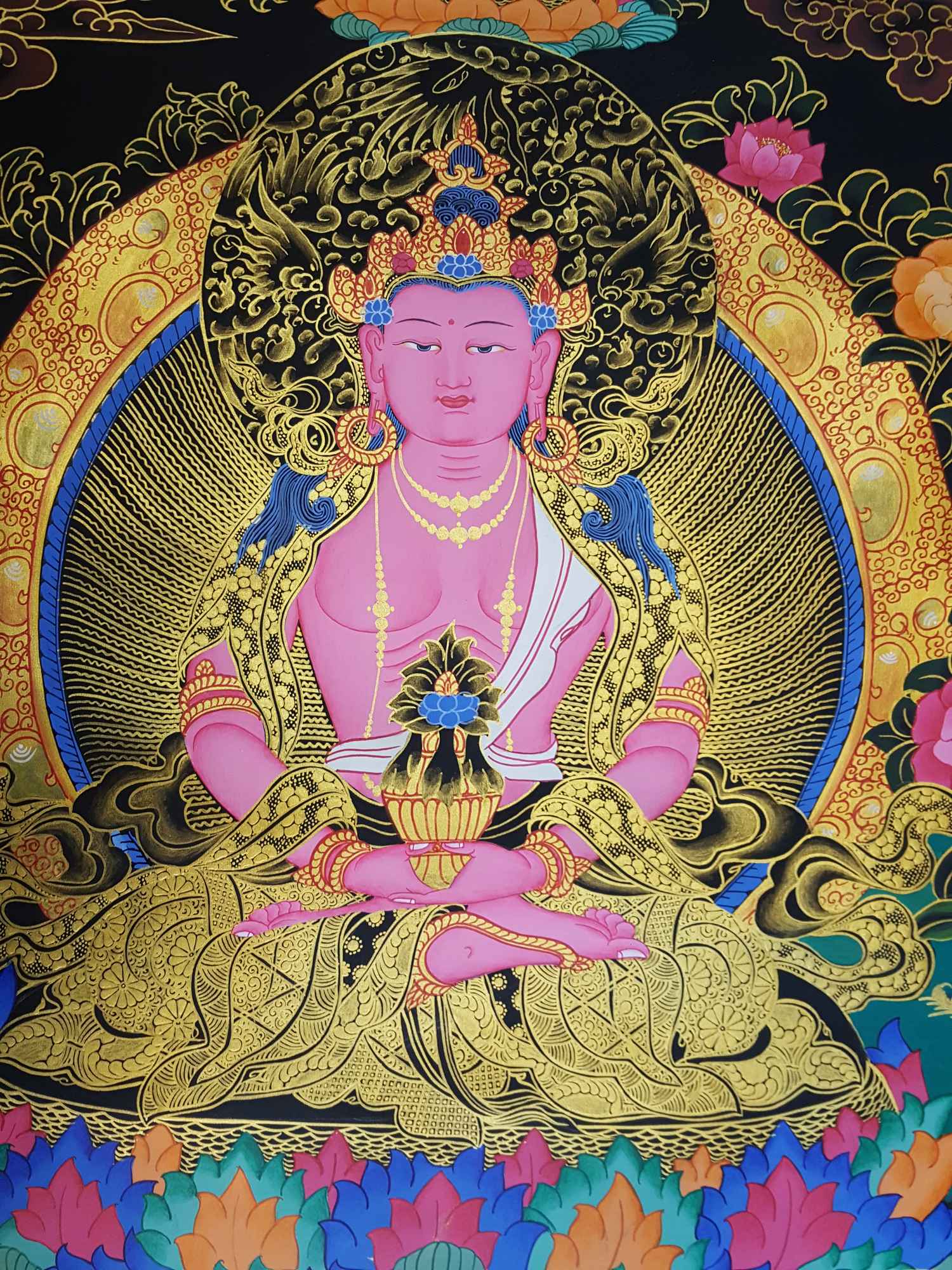 Buddhist Hand Painted Thangka Of Vajrasattva With Consort, shakti, With Shakyamuni Buddha, White Tara And Namgyalma, Yab-yum Thangka tibetan Style, painting