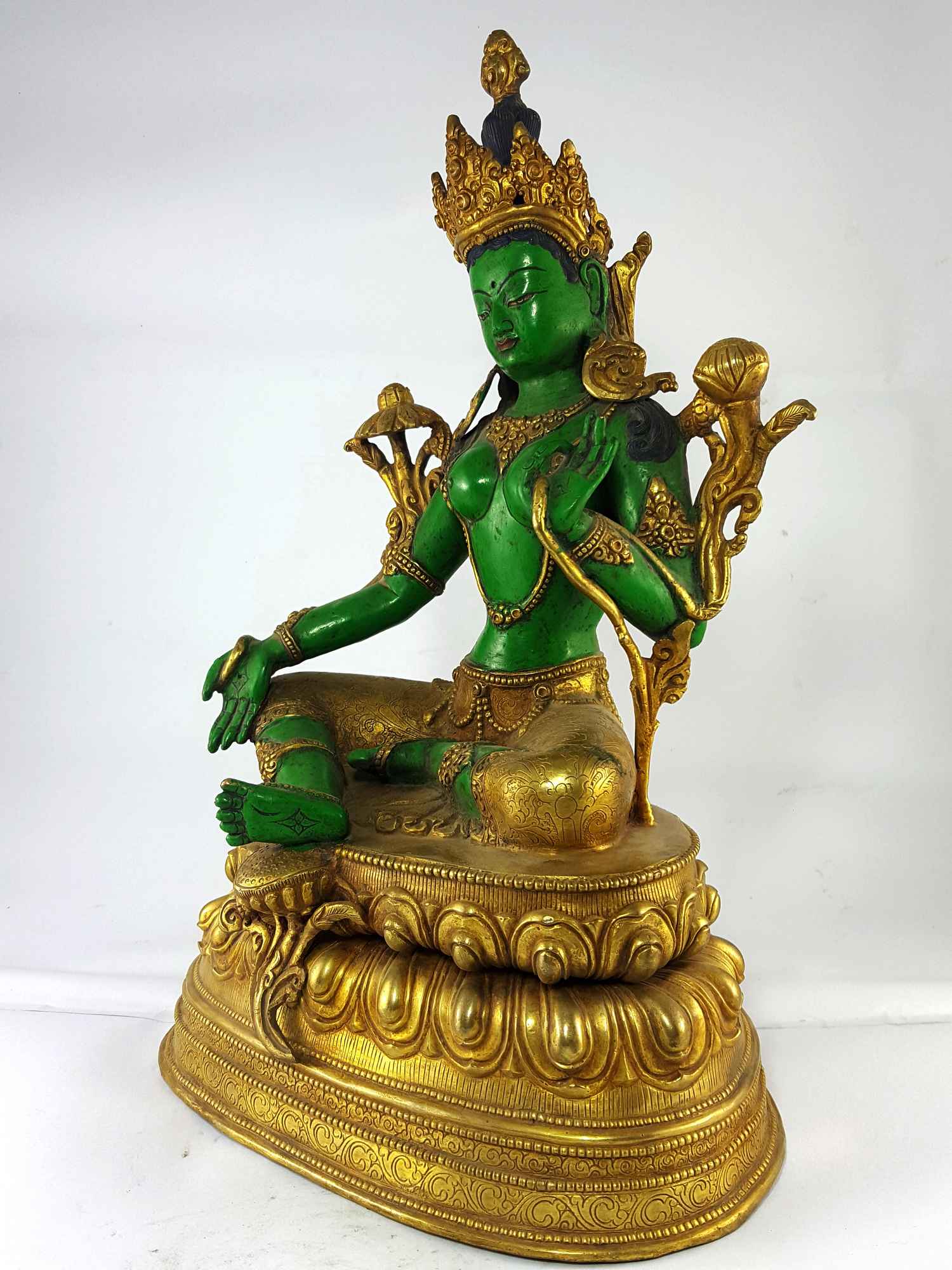 Green Tara Partly Gold Plated Handmade Statue <span Style=