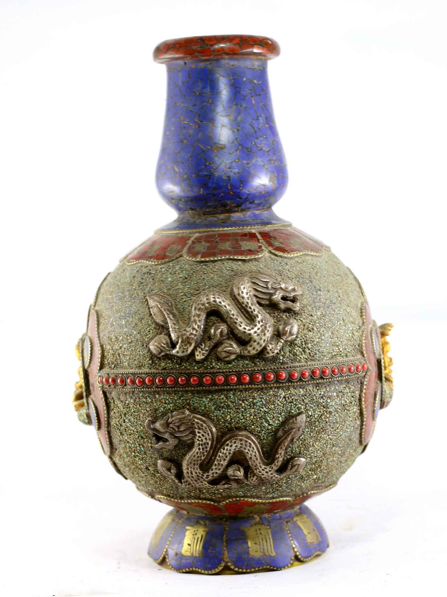 Tibetan Flower Vase :vase With stone Setting, buddha Dragon, tourquise Coral And Lapis