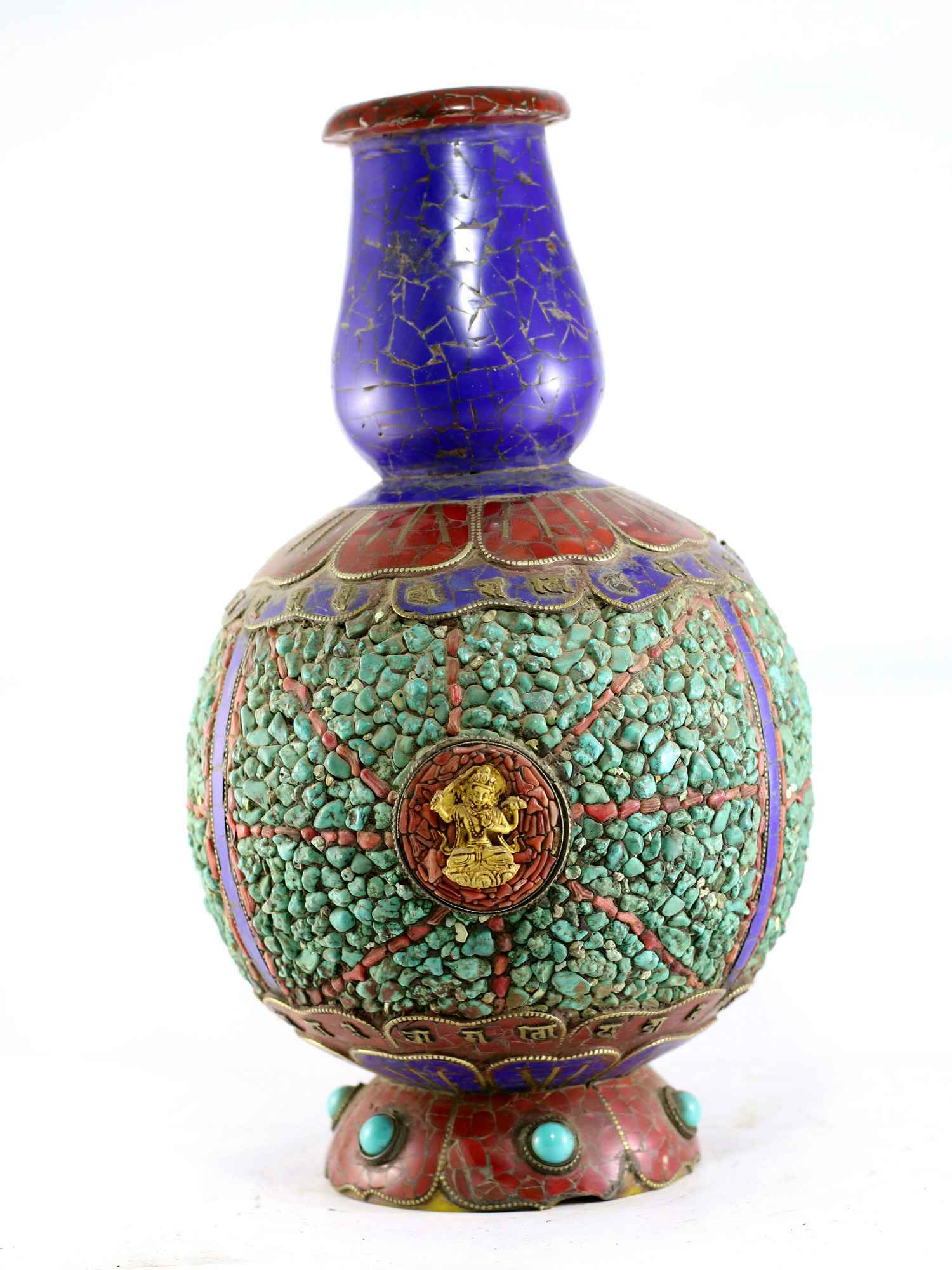Tibetan Flower Vase : Vase With stone Setting, tara Manjushri, tourquise Coral And Lapis