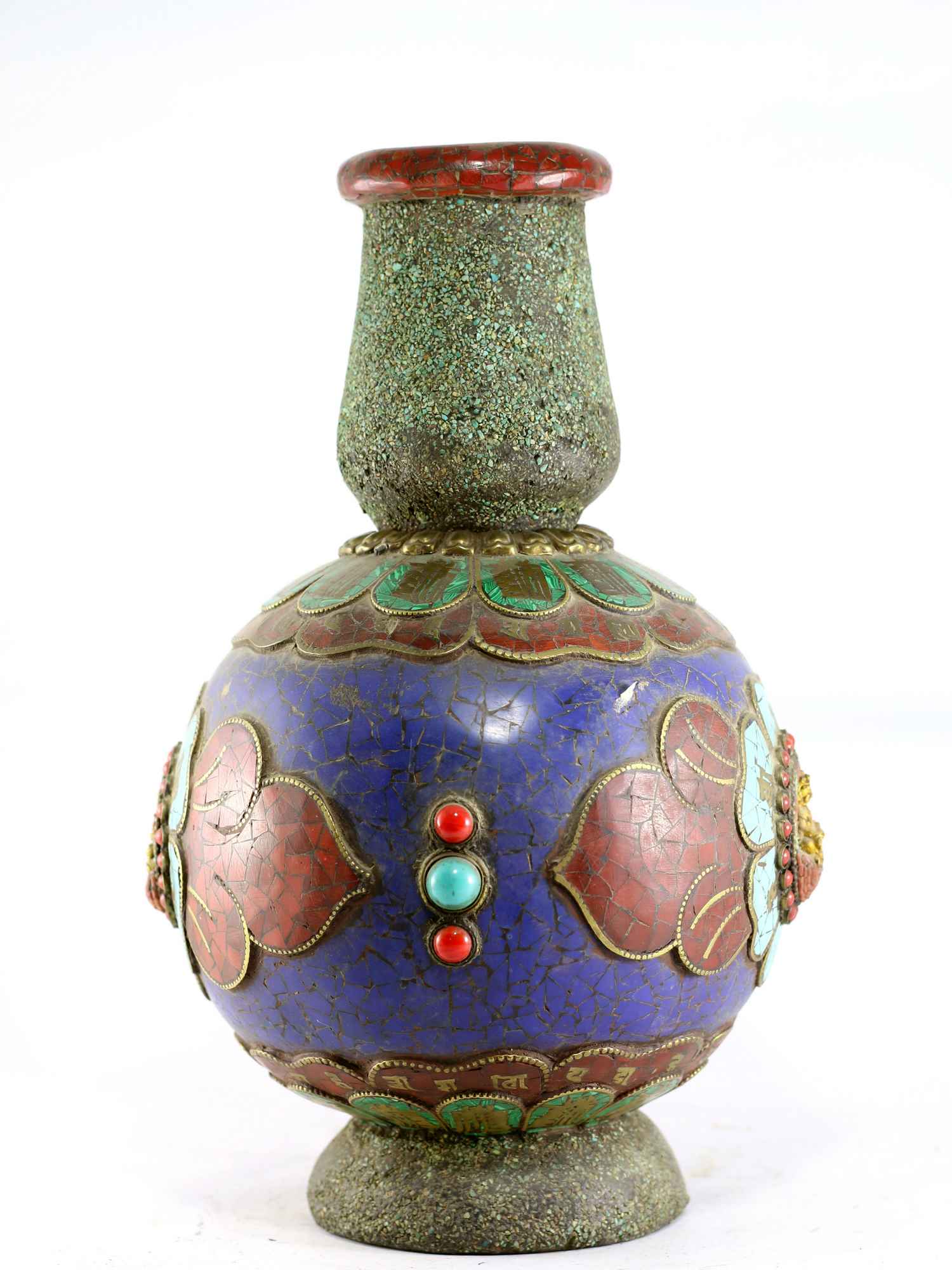 Tibetan Flower Vase : Vase With stone Setting, buddha And Padmasambhava, tourquise Coral And Lapis