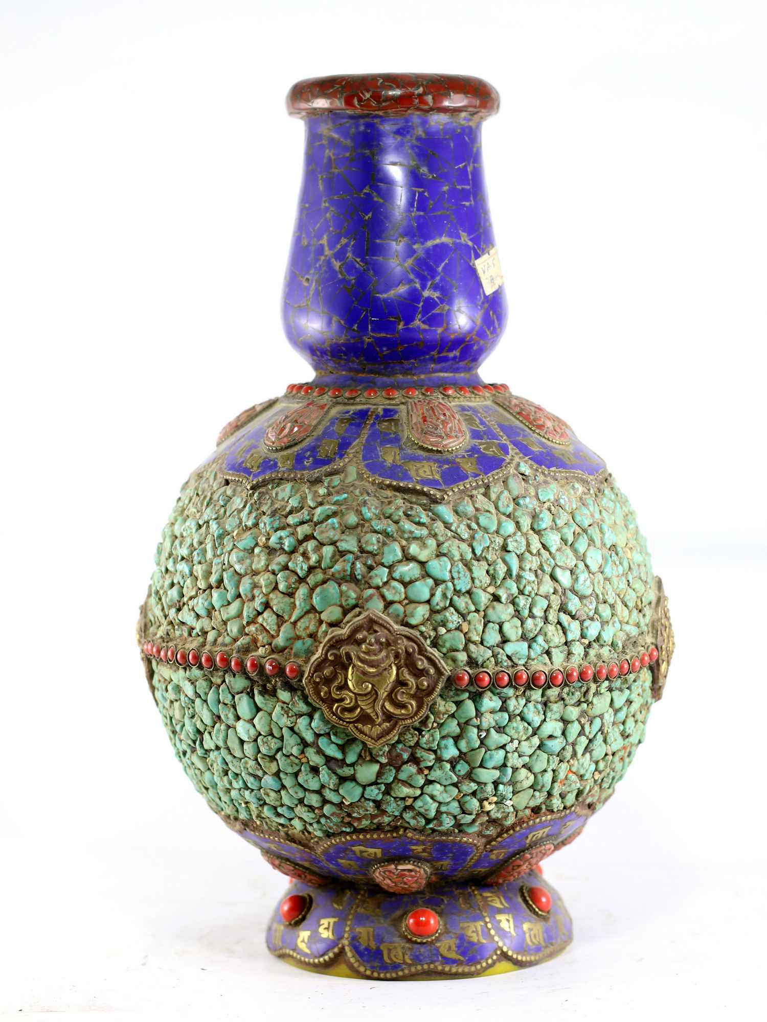 Tibetan Flower Vase :vase With stone Setting, ashtamangala, tourquise Coral And Lapis