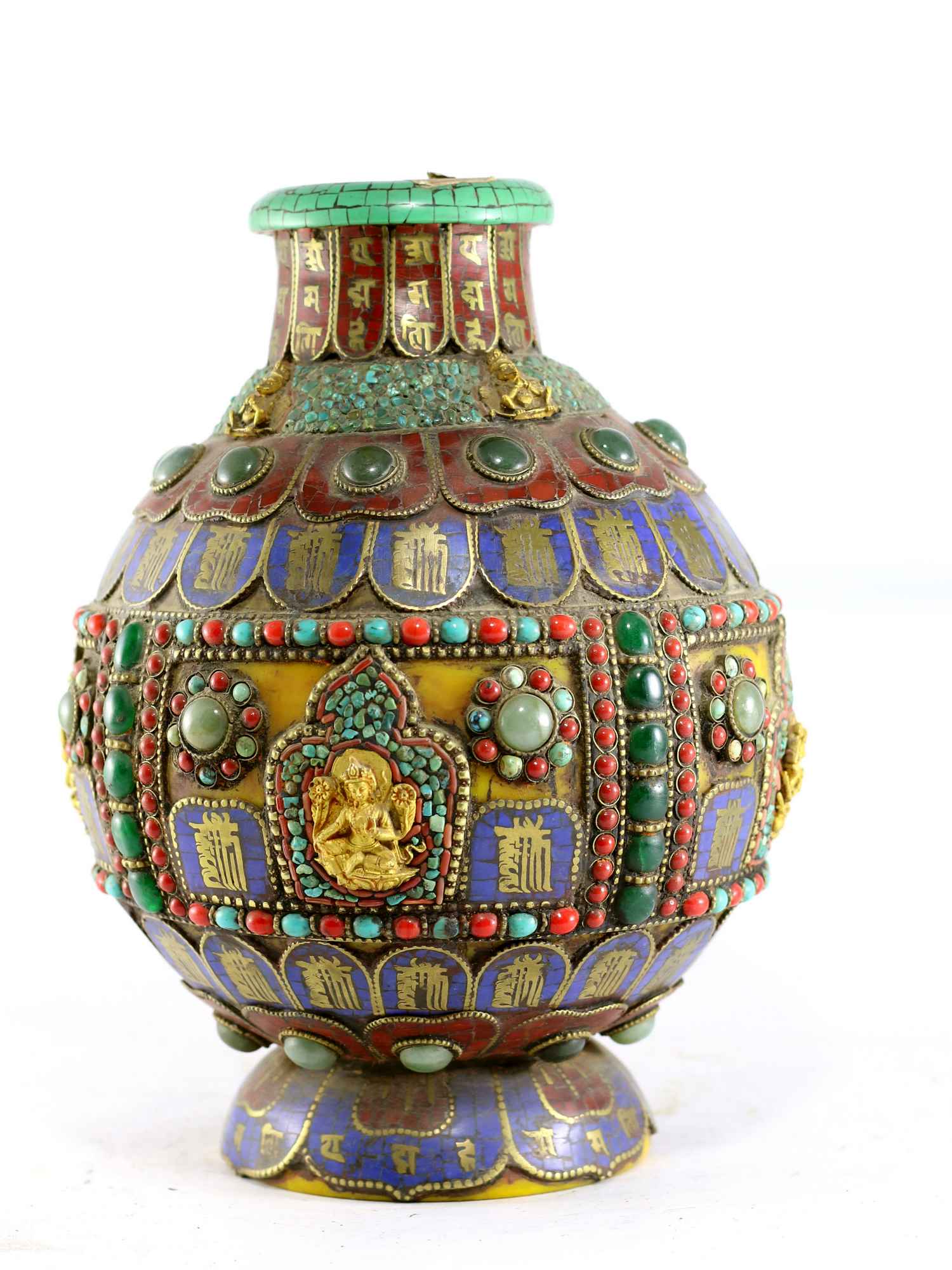 Tibetan Flower Vase : Vase With stone Setting, padmasambhava, Green Tara, Vasudhara, Manjushri, tourquise, Amber, Coral And Lapis