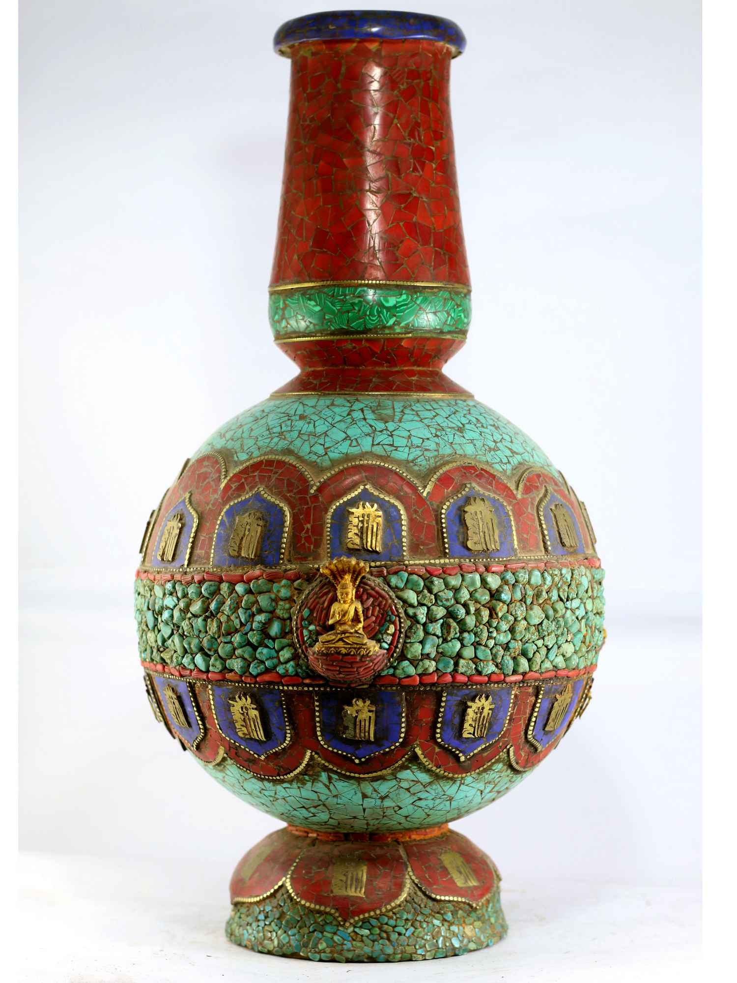 Tibetan Flower Vase : Vase With stone Setting, buddha, tourquise Coral And Lapis