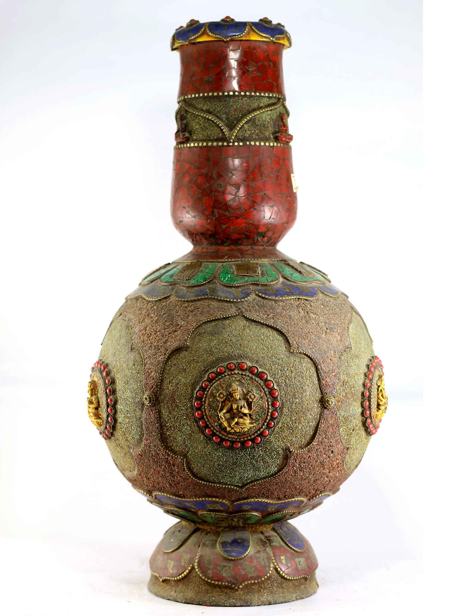 Tibetan Flower Vase : Vase With stone Setting, buddha, tourquise Coral And Lapis