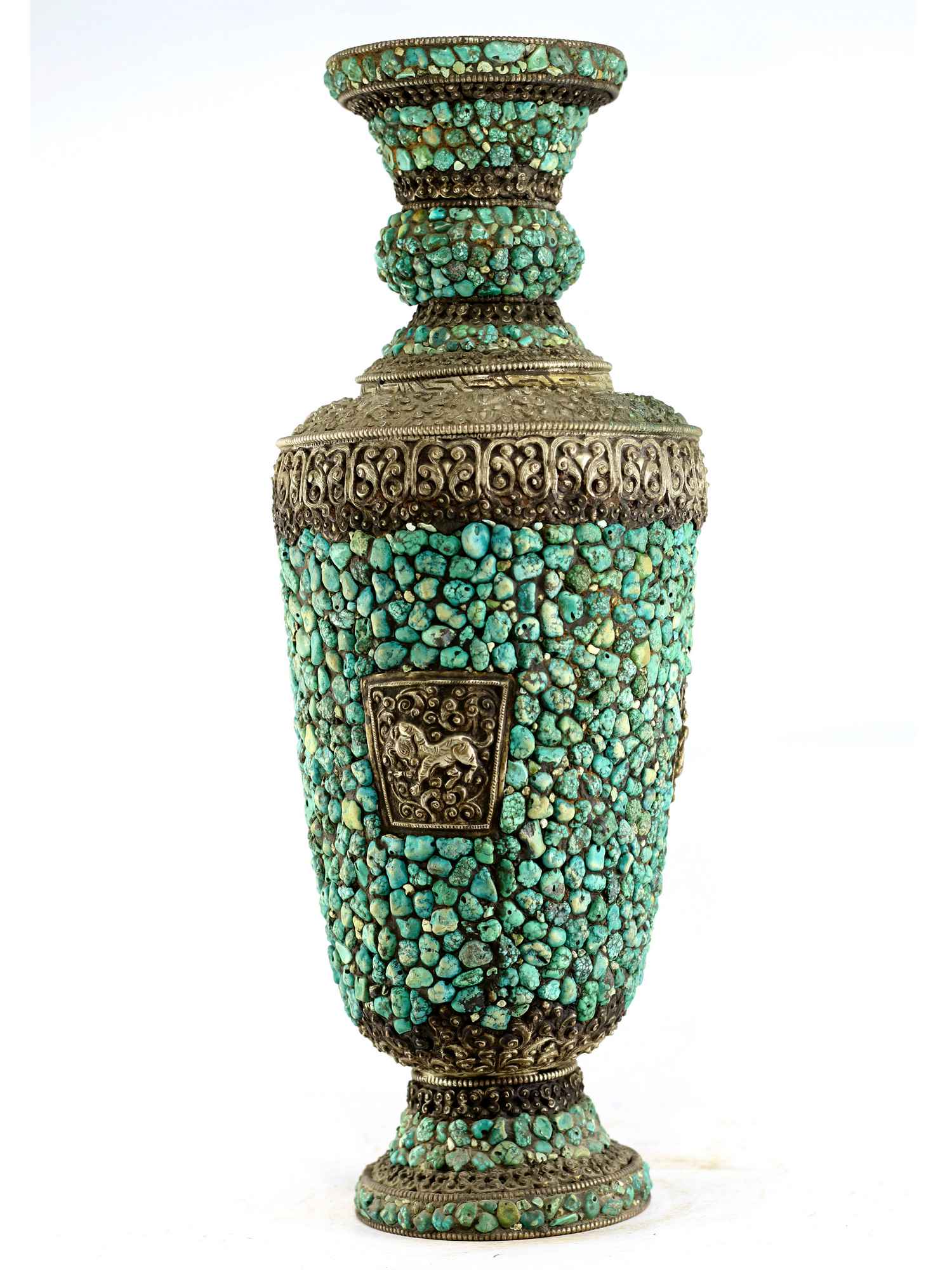 White Metal Tibetan Flower Vase : Vase With stone Setting, real Tourquise