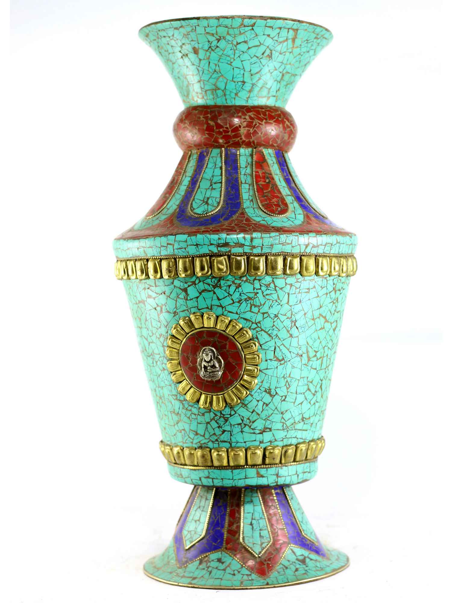 Copper Tibetan Flower Vase :vase With stone Setting, buddha, real Tourquise, Imitation Coral