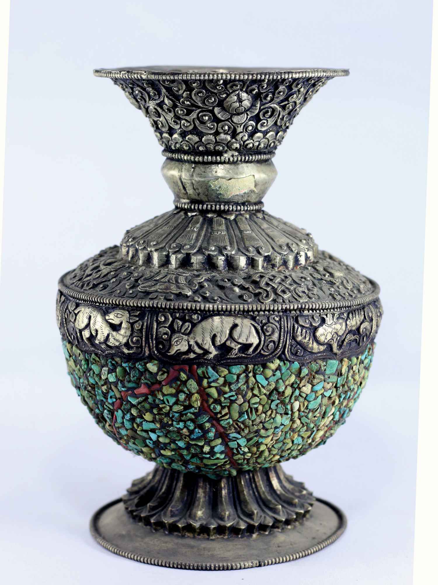 White Metal Tibetan Flower Vase : Vase With real Turquoise