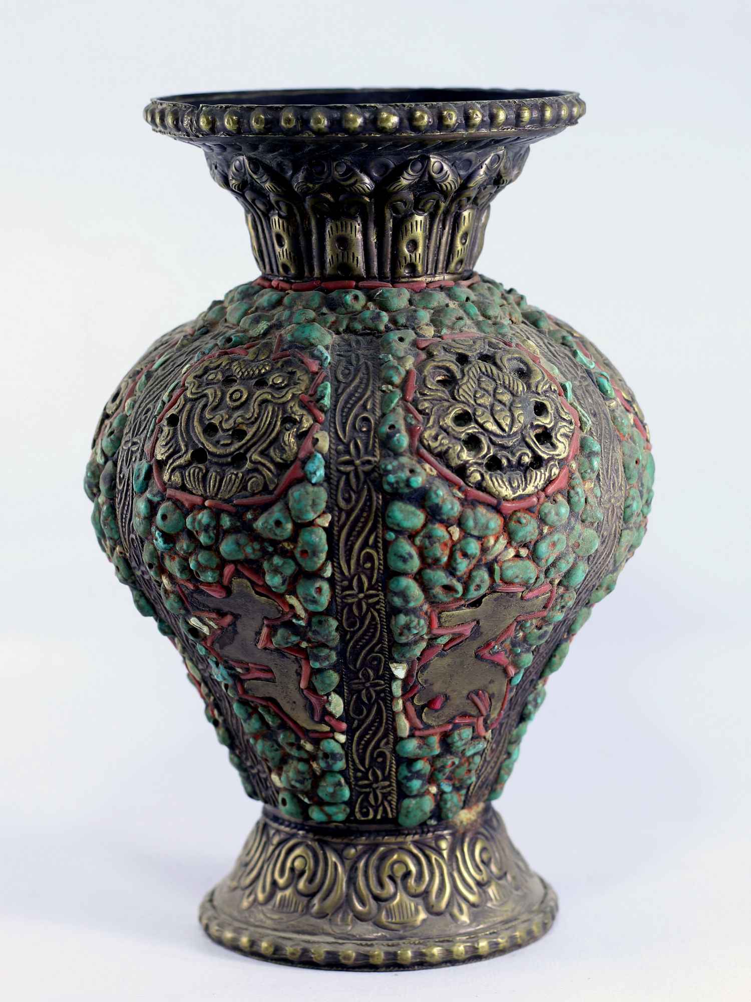 White Metal Tibetan Flower Vase : Vase With real Turquoise And Other Stones