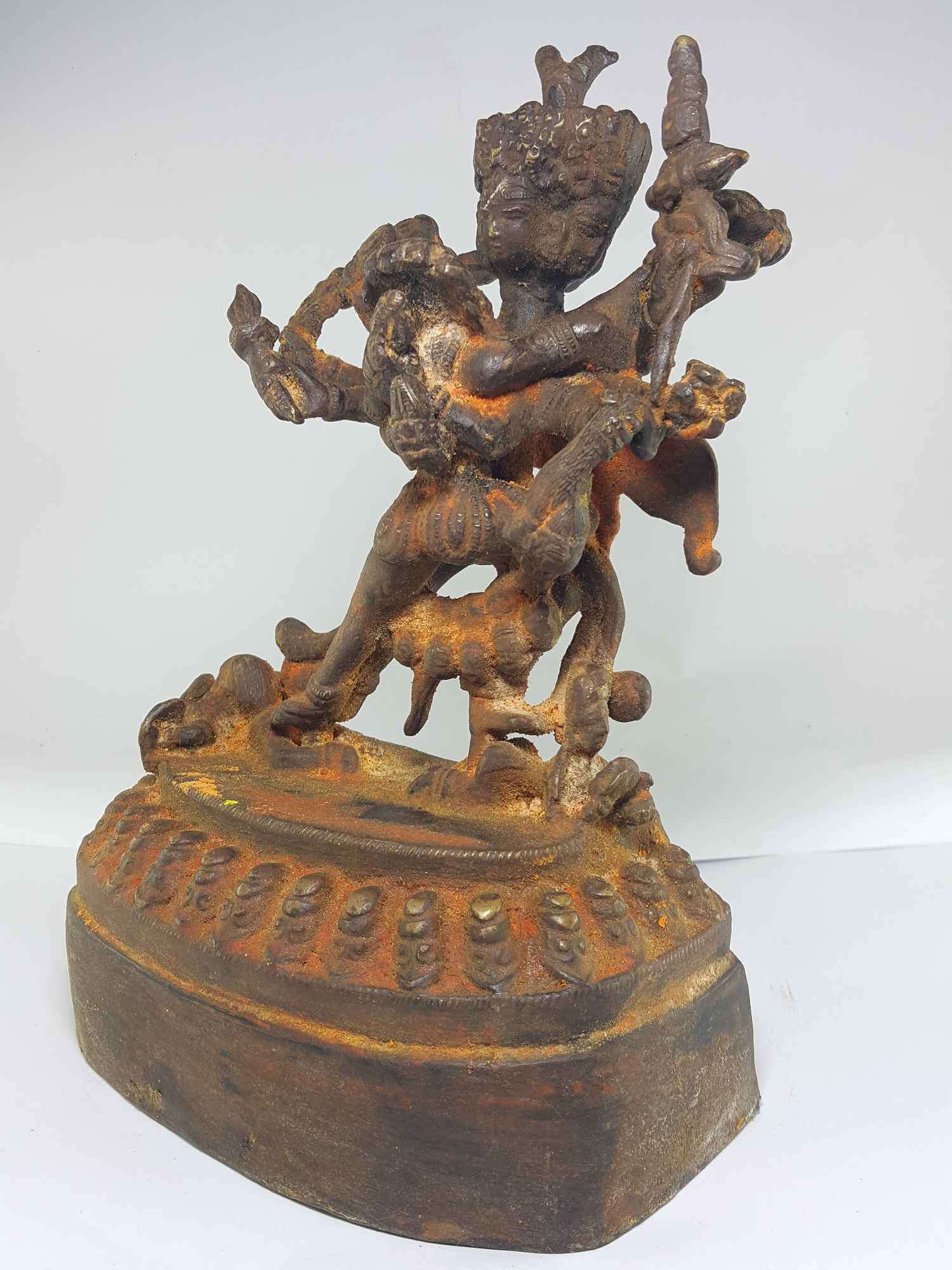 Brass Chakrasamvara - Heruka Statue With Wooden Base And Antique Finishing