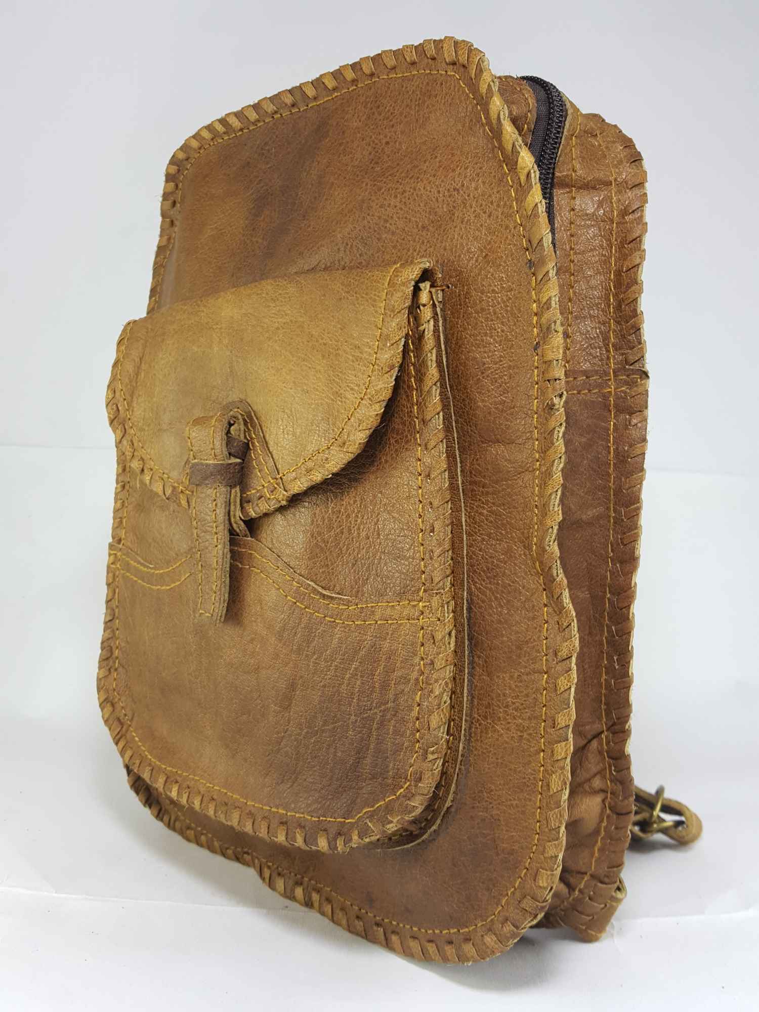Himalayan Yak Leather Backpack Bag 2 Pocket, 1 Zip, leather Stripe Lock