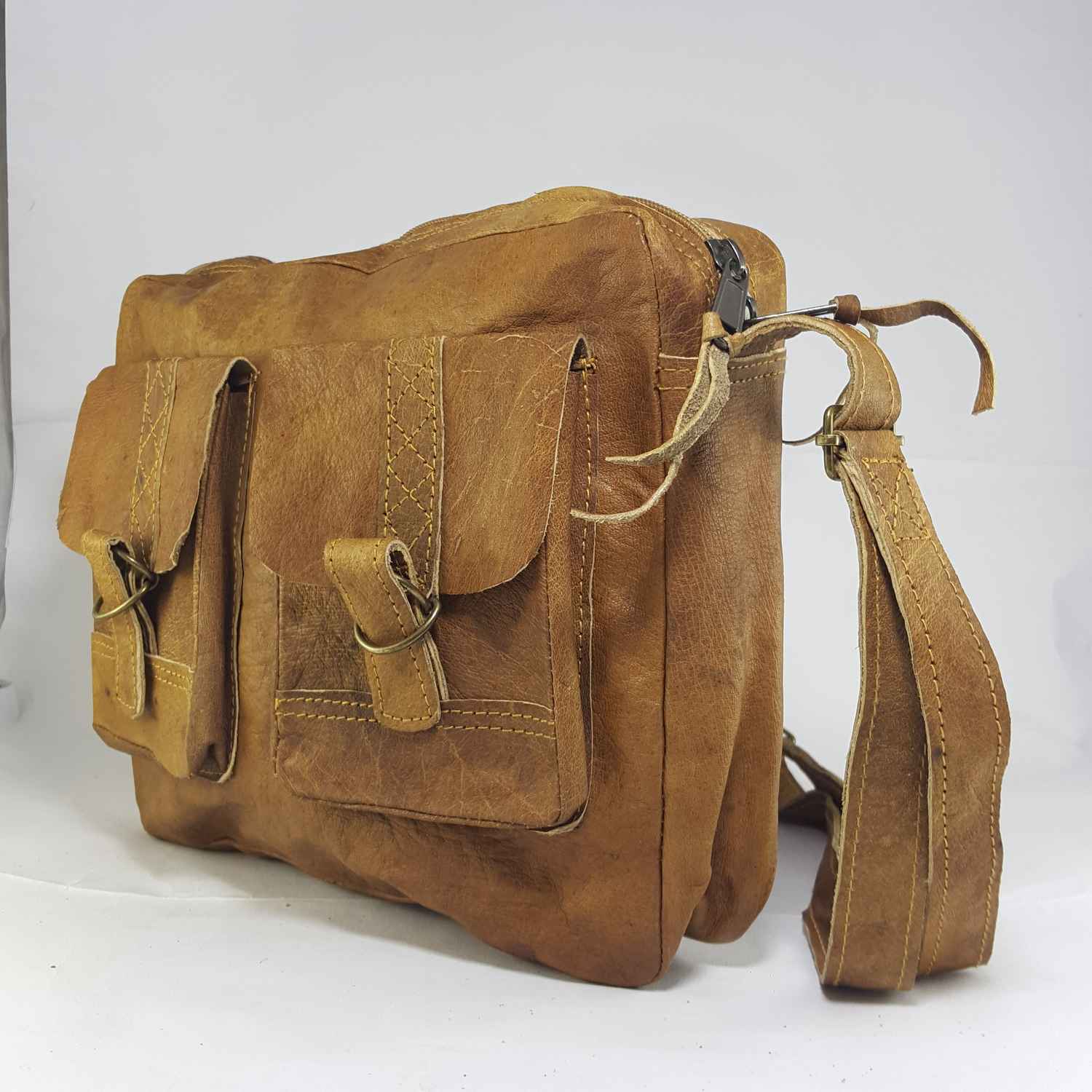 Himalayan Yak Leather Office Shoulder Bag 3 Pocket, 1 Zip, 2 Leather Stripe Lock