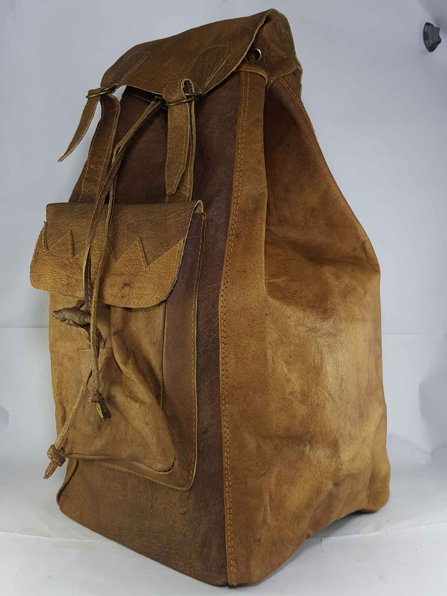 Himalayan Yak Leather Backpack Bag 2 Pocket, 2 Leather Strip Lock, 1 Leather Button Lock, leather Lace