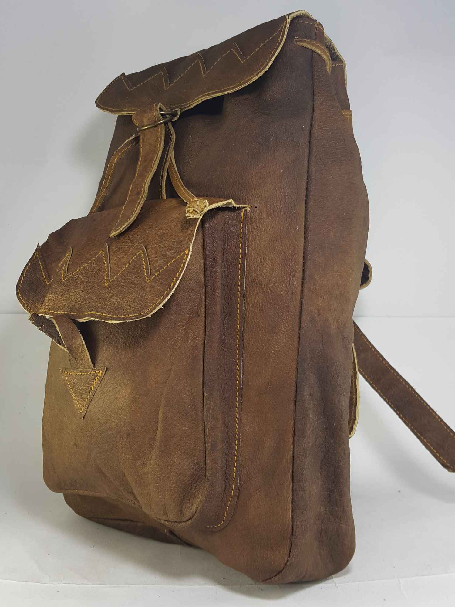 Himalayan Yak Leather Backpack Bag 2 Pocket, leather Strip Lock, leather Button Lock, leather Lace