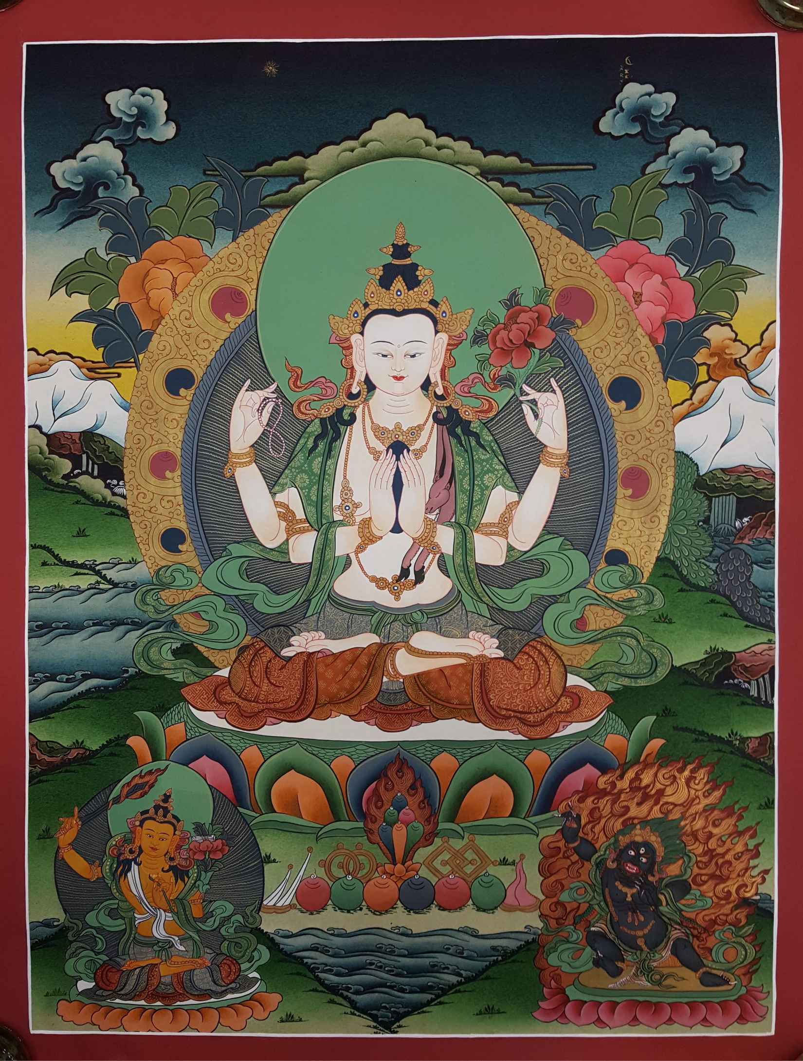 Avalokiteshvara, Chenrezig Tibetan Hand Painted Thangka <span Style=