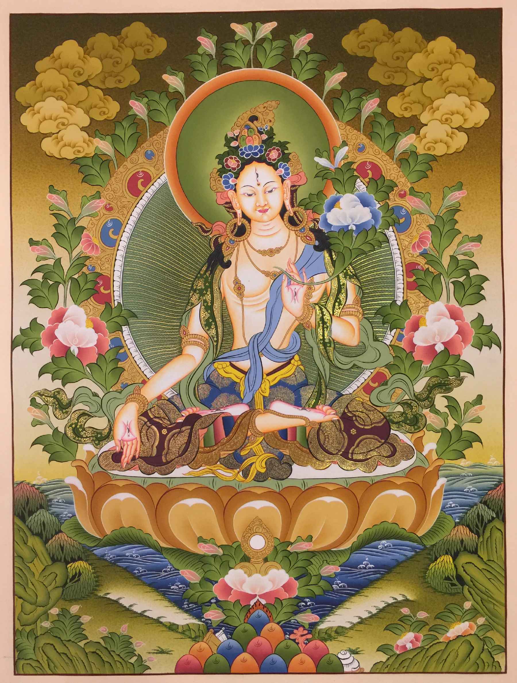 White Tara Tibetan Hand Painted Buddhist Thangka <span Style=
