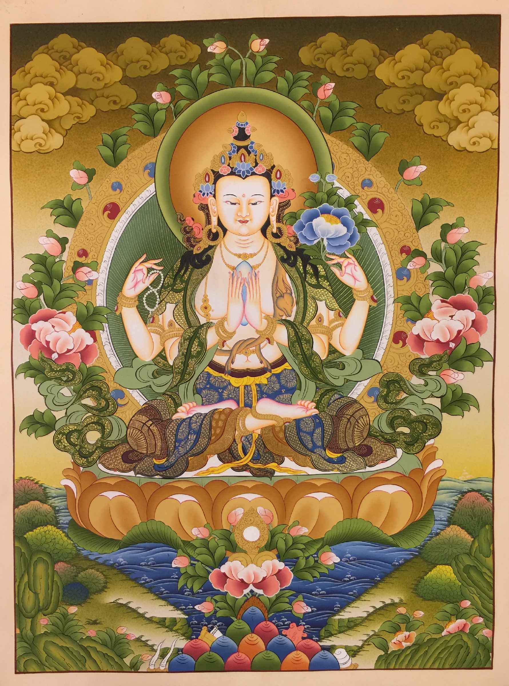 Avalokiteshvara, Chenrezig Tibetan Hand Painted Buddhist Thangka <span Style=