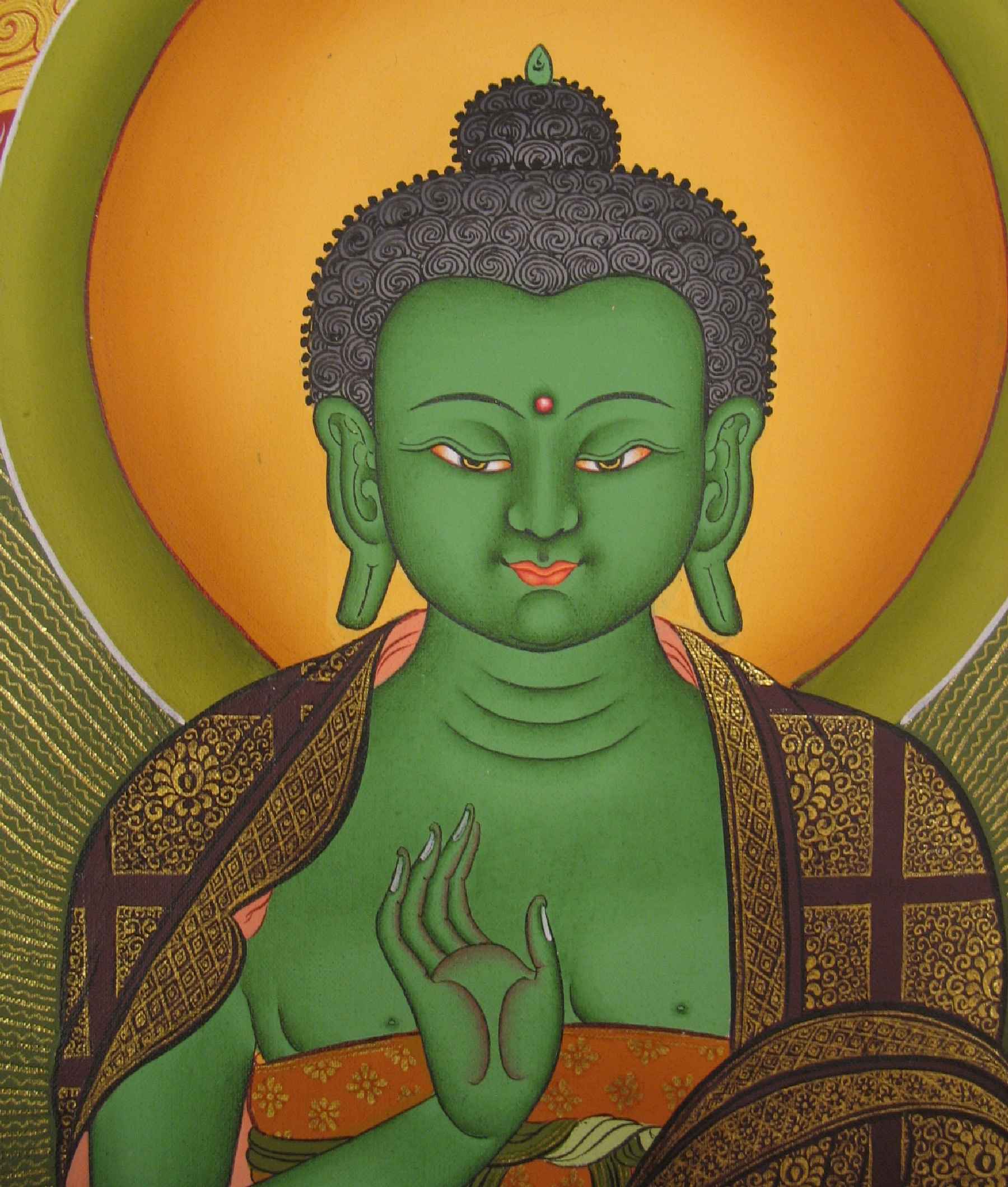 Amoghasiddhi Buddha Tibetan Hand Painted Buddhist Thangka <span Style=