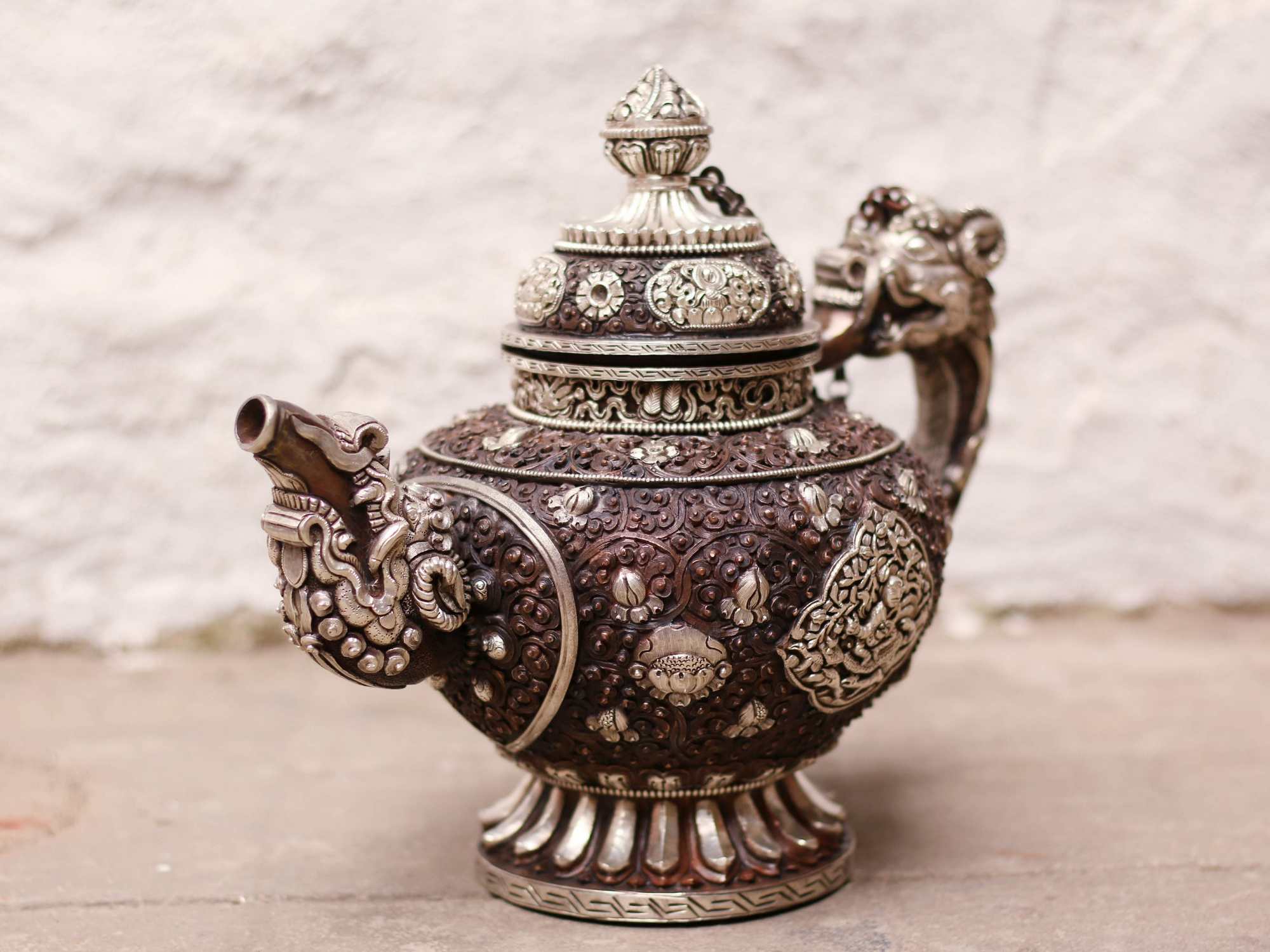 Tibetan Tea And Water Offering Vessel, With Deep Carving, Silver Plated Oxidized