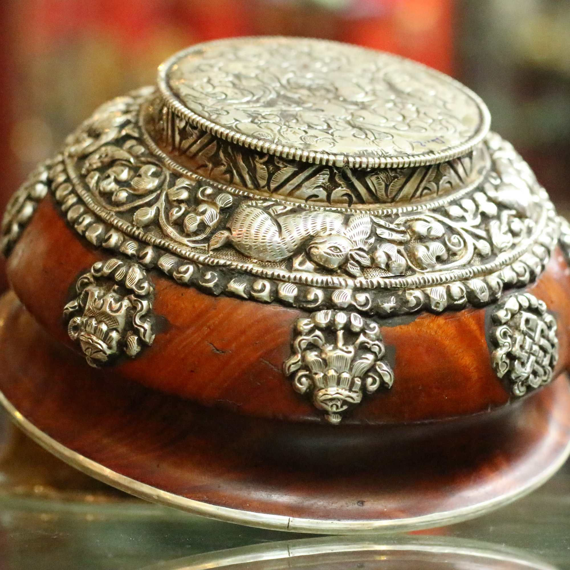 Bhutanese Wooden Offering Bowl, With Sterling Silver Plate With Carving, sold