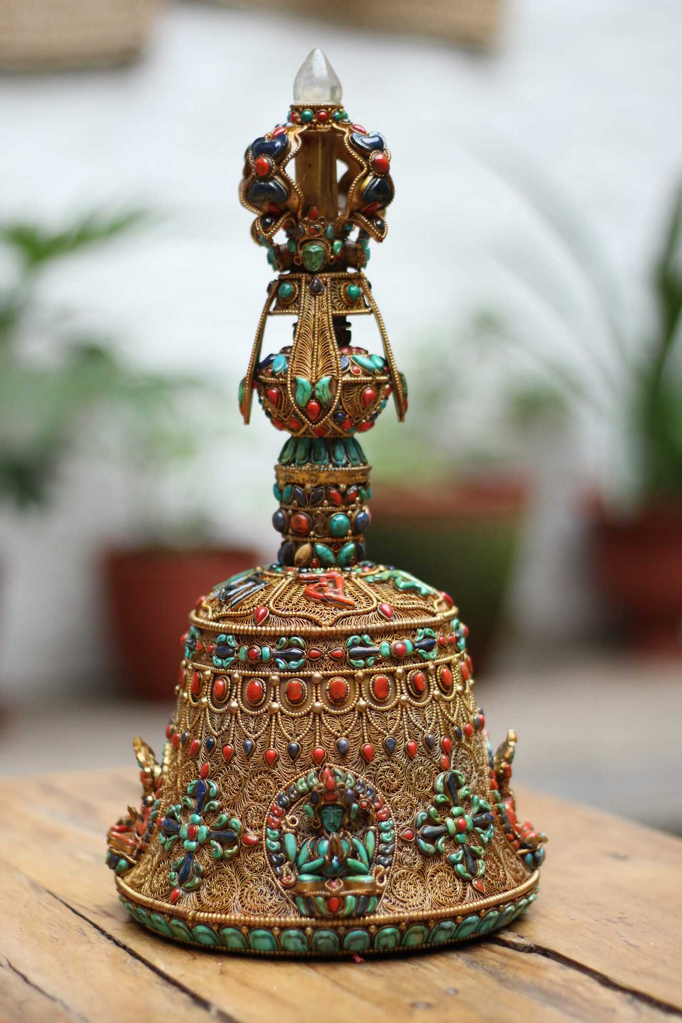 Tibetan Bell With Siku Design Gold Plated And Real Inlaid Stones