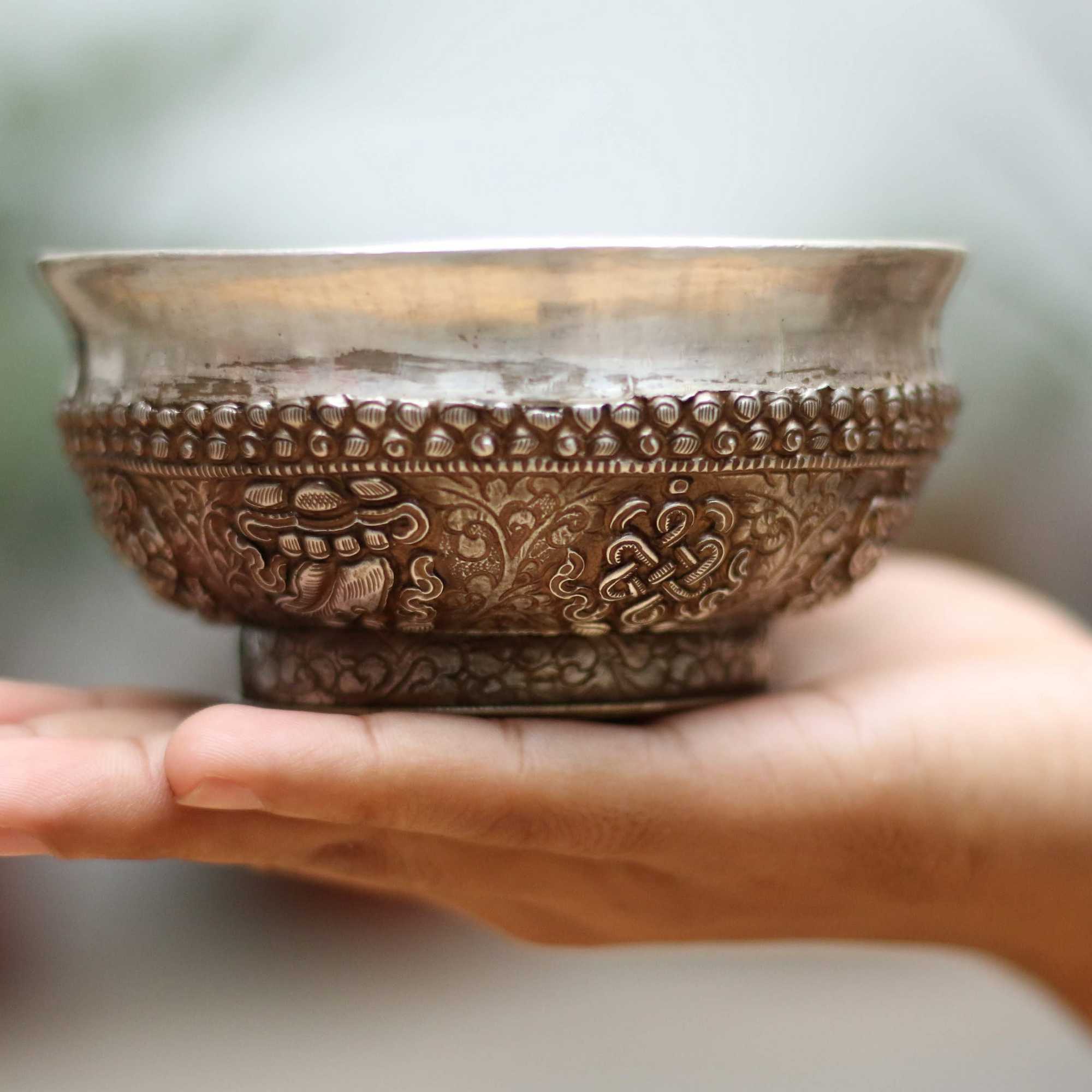Silver Offering Bowl (phuru) With Ashtamangala, Eight Auspicious Symbol Of Good Fortune