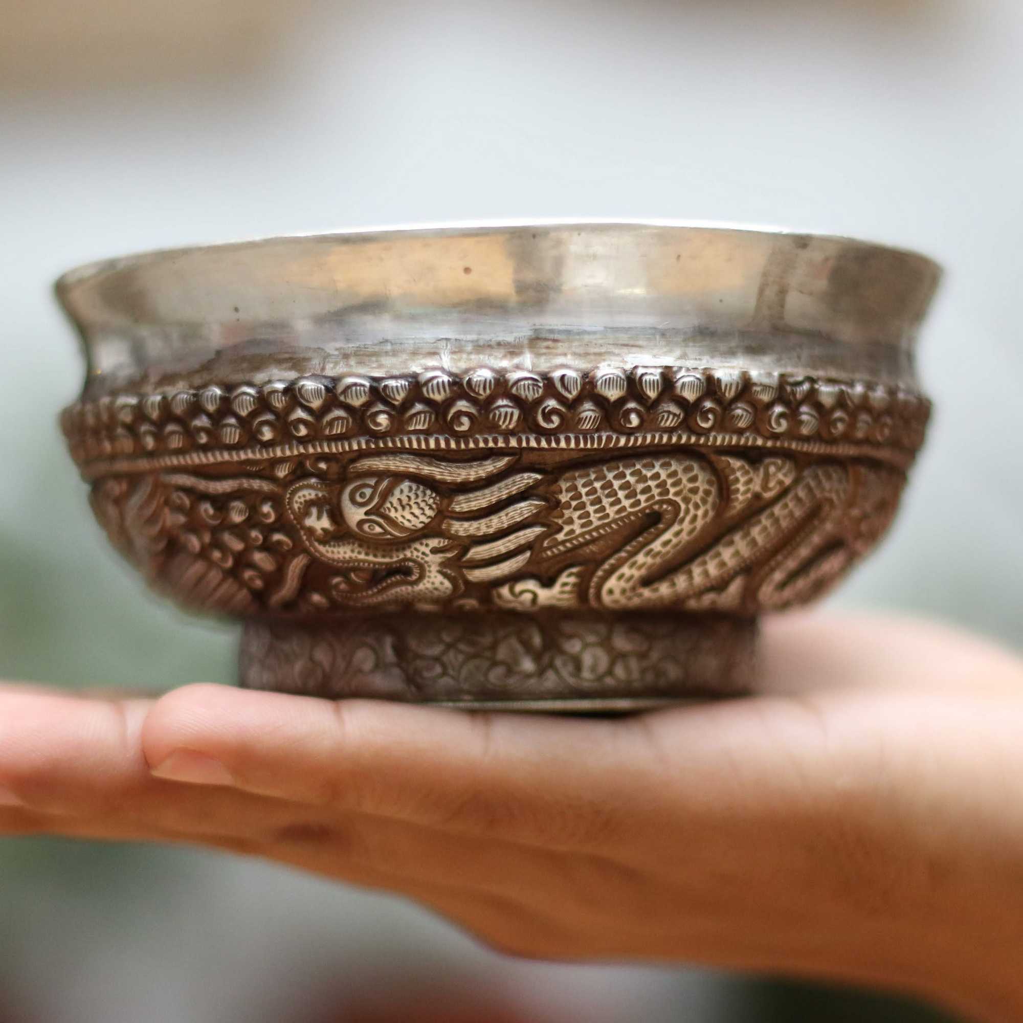 Silver Offering Bowl (phuru) With Dragon Carving With (60 Gram Silver)