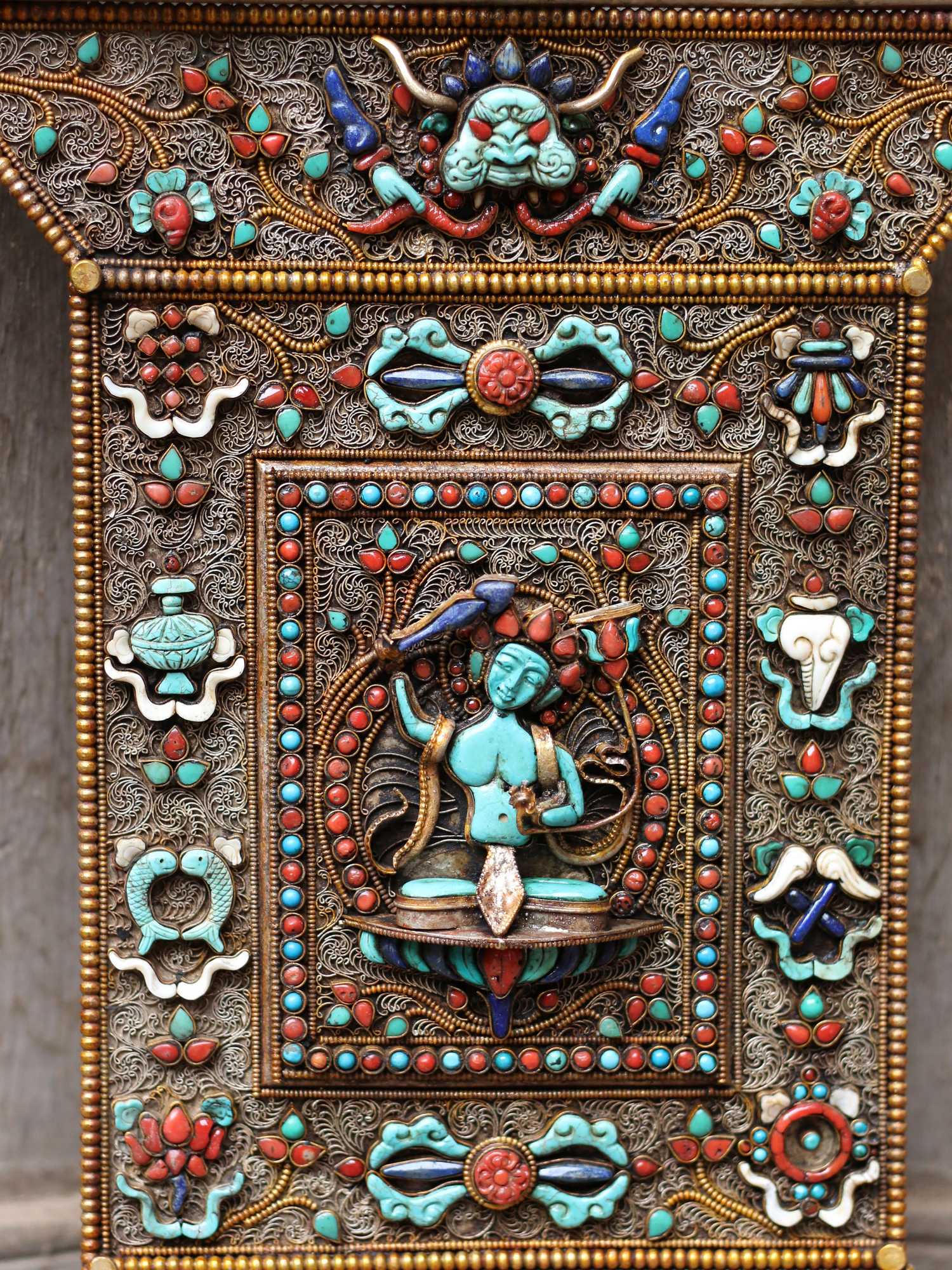 Manjushri Wooden Wall Hanging With Metal And stone Setting, gold Plated . Cheppu On Top And Manjushri As Main Motive And Ashtamangala On Sides